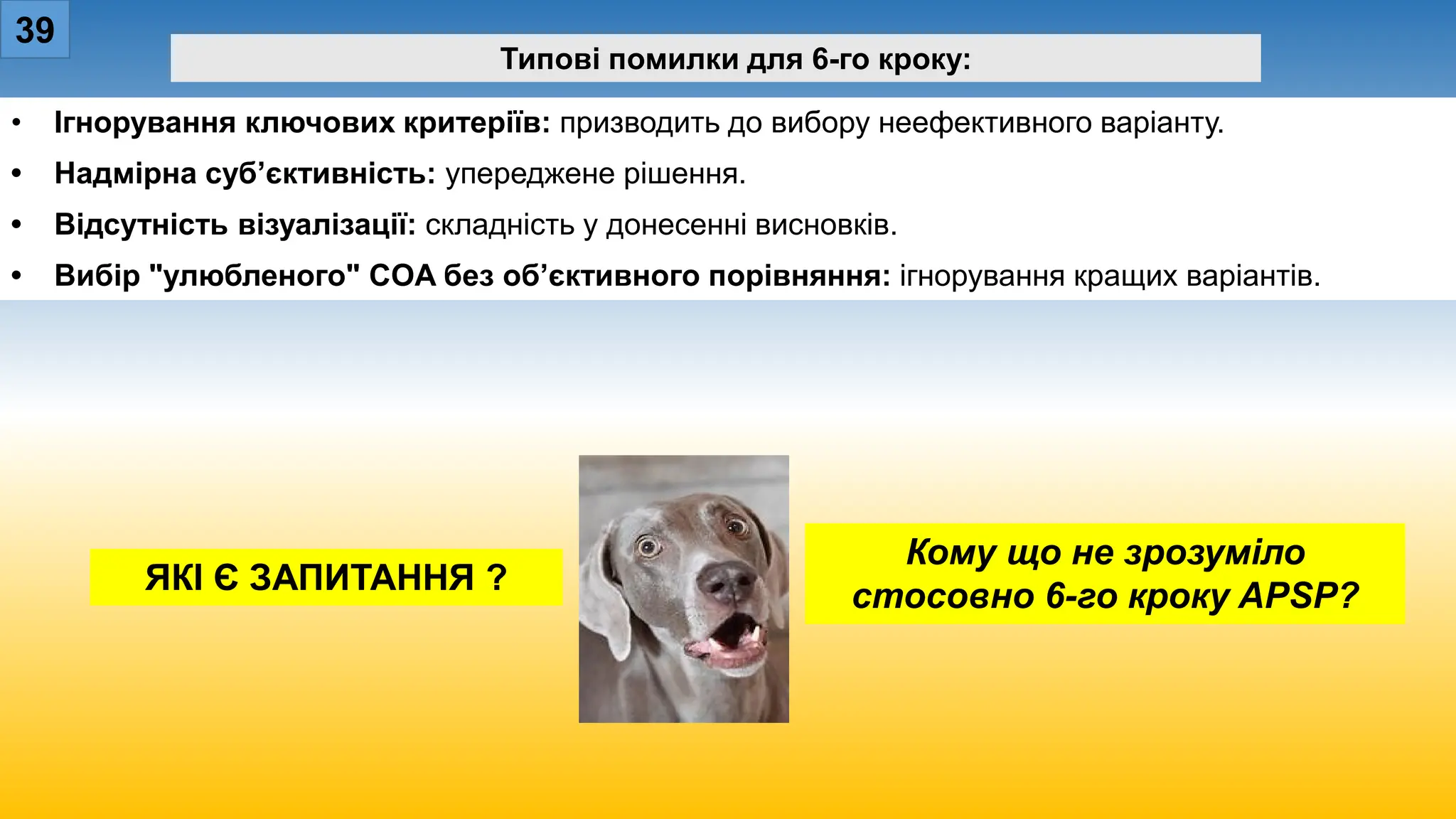 39
Типові помилки для 6-го кроку:
• Ігнорування ключових критеріїв: призводить до вибору неефективного варіанту.
• Надмірна суб’єктивність: упереджене рішення.
• Відсутність візуалізації: складність у донесенні висновків.
• Вибір "улюбленого" COA без об’єктивного порівняння: ігнорування кращих варіантів.
Кому що не зрозуміло
стосовно 6-го кроку APSP?
ЯКІ Є ЗАПИТАННЯ ?
Кому що не зрозуміло
стосовно 6-го кроку APSP?
ЯКІ Є ЗАПИТАННЯ ?
 