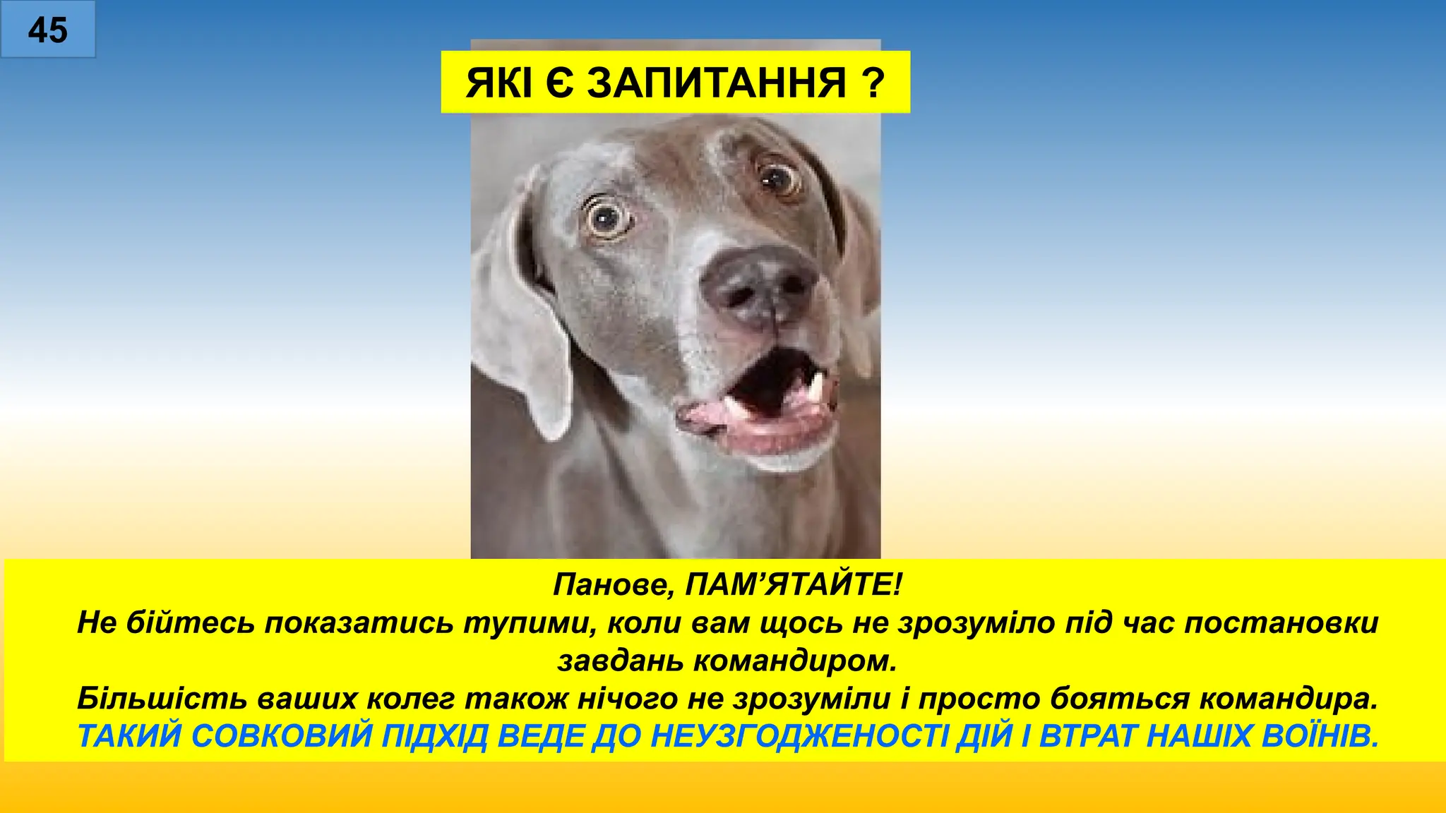 Панове, ПАМ’ЯТАЙТЕ!
Не бійтесь показатись тупими, коли вам щось не зрозуміло під час постановки
завдань командиром.
Більшість ваших колег також нічого не зрозуміли і просто бояться командира.
ТАКИЙ СОВКОВИЙ ПІДХІД ВЕДЕ ДО НЕУЗГОДЖЕНОСТІ ДІЙ І ВТРАТ НАШІХ ВОЇНІВ.
ЯКІ Є ЗАПИТАННЯ ?
45
 
