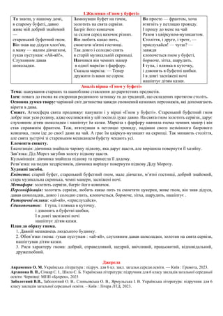 І.Жиленко «Гном у буфеті»
Ти знаєш, у нашому домі,
в старому буфеті, давно
живе мій добрий знайомий
—
старенький буфетний гном.
Він знав ще дідуся хлоп'ям,
а маму — малим дівчатком,
гукав пустунам: «Ай-яй!»,
Слухняним давав
шоколадки.
Замкнувши буфет на гачок,
золотить на свята сервізи.
Багріє його ковпачок
за склом серед вазочок різних.
Він любить какао пить,
смоктати м'ятні гостинці.
Так довго і солодко спить
в старій музикальній скриньці.
Навчився він чемних манер
в одної маркізи з фарфору.
Сказала маркіза: — Тепер
дружити із вами не сором.
Ви просто — франтом, хоча
втягніть у петлицю троянду.
І прошу до мене на чай
Разом з цвіркуном-музикантом.
Століття, і друге, і третє, —
прислухайся! — чуєш? —
завжди
клопочеться гном у буфеті,
бормоче, зітха, шарудить.
І тупа, і плямка в куточку,
і дзвонить в буфетні шибки.
І в довгі засніжені ночі
нашіптує дітям казки.
Аналіз вірша «Гном у буфеті»
Тема: шанування старших та шанобливе ставлення до раритетних предметів.
Ідея: повага до гнома як охоронця родинного затишку та до традицій, що складених протягом століть.
Основна думка твору: чарівний світ дитинства завжди сповнений казкових персонажів, які допомагають
вірити в дива.
Сюжет. Атмосфера свята продовжує панувати i у вiршi «Гном у буфетi». Старенький буфетний гном
добре знає усю родину, адже оселився вiн у цiй господi дуже давно. На свята гном золотить сервiзи, дарує
слухняним дiтям шоколадки i нашiптує їм казки. Маркiза з фарфору навчила гнома чемних манер i вiн
став справжнiм франтом. Тож, втягнувши в петлицю троянду, надiвши свого незмiнного багрового
ковпачка, гном iде до своєї дами на чай. А грає їм цвiркун-музикант на скрипцi. Так минають столiття,
але свята зустрiчi зi стареньким мешканцем буфету чекають усi.
Елементи сюжету.
Експозиція: дівчинка знайшла чарівну підкову, яка дарує щастя, але вирішила повернути її хазяїну.
Зав’язка: Дід Мороз загубив золоту підкову щастя.
Кульмінація: дівчинка знайшла підкову та принесла її додому.
Розв’язка: на подив заздрісників, дівчинка вирішує повернути підкову Діду Морозу.
Художні засоби.
Епітети: старий буфет, старенький буфетний гном, мале дівчатко, м’ятні гостинці, добрий знайомий,
стара музикальна скринька, чемні манери, засніжені ночі.
Метафора: золотить сервізи, багріє його ковпачок.
Персоніфікація: золотить сервізи, любить какао пить та смоктати цукерки, живе гном, він знав дідуся,
давав шоколадки, довго і солодко спить, клопочеться, бормоче, зітха, шарудить, нашіптує .
Риторичні оклики: «ай-яй», «прислухайся».
Єдинопочаток: І тупа, і плямка в куточку,
і дзвонить в буфетні шибки,
І в довгі засніжені ночі
нашіптує дітям казки.
План до образу гнома.
1. Давній мешканець людського будинку.
2. Обов’язки гнома: гукав пустунам : «ай-яй», слухняним давав шоколадки, золотив на свята сервізи,
нашіптував дітям казки.
3. Риси характеру гнома: добрий, справедливий, щедрий, ввічливий, працьовитий, відповідальний,
дружелюбний.
Джерела
Авраменко О. М. Українська література : підруч. для 6 кл. закл. загальн.середн.освіти. — Київ : Грамота, 2023.
Архипова В. П., Січкар С. І., Шило С. Б. Українська література: підручник для 6 класу закладів загальної середньої
освіти. Чернiвцi: МПП «Букрек», 2023
Заболотний В.В., Заболотний О. В., Слоньовська О. В., Ярмульська І. В. Українська література: підручник для 6
класу закладів загальної середньої освіти. – Київ : Літера ЛТД, 2023.
 