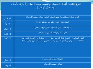 ( ‫رقم‬ ‫نحوي‬ ‫شاهد‬
29
:)
:‫الشاعر‬ ‫قال‬
‫ك‬ُ‫خال‬‫ِإ‬
َ‫ف‬‫ر‬َّ‫الط‬ ِ‫ض‬ُ‫ض‬ْ‫غ‬َ‫ت‬ ‫لم‬ ْ‫ن‬‫إ‬
‫ذا‬
::
‫ال‬ ‫ما‬ َ‫م‬ُ‫م‬‫و‬ُ‫س‬َ‫ي‬ ً‫وى‬َ‫ه‬
ِ‫د‬ْ‫ج‬ِ‫الو‬ َ‫ن‬ِ‫م‬ ُ‫ع‬‫تطا‬ْ‫س‬ُ‫ي‬
... :
ً‫هوى‬ ‫ذا‬ ‫إخالك‬ ‫هنا‬ ‫الشاهــد‬
) ( :
‫مفعولين‬ ‫ونصبت‬ ‫الرجحان‬ ‫بمعنى‬ ‫خال‬ ‫بمضارع‬ ‫جاء‬ ‫حيث‬ ‫االستشهاد‬ ‫وجه‬
.) ( ) (
‫ذا‬ ‫والثاني‬ ‫الكاف‬ ‫ـطاب‬
‫خ‬‫ال‬ ‫ضمير‬ ‫األول‬
( : :
، ‫خذ‬َّ‫ت‬‫ا‬، َ‫ك‬‫تر‬، َّ‫د‬‫ر‬، ‫جعل‬ ‫وهي‬ ‫أوالتصيير‬ ‫التحويل‬ ‫أفعال‬ ‫الثاني‬ ‫ـ‬
‫ع‬‫النو‬
) ‫ب‬َ‫ه‬َ‫َو‬، ‫ر‬َّ‫صي‬، ‫ذ‬ِ‫خ‬َ‫ت‬
1
-
‫جعل‬
. ) (:
‫فداك‬ ‫الله‬ ‫جعلني‬ ‫خبزا‬ ‫الدقيق‬ ‫جعلت‬ ‫منثورا‬ ‫هباء‬ ‫فجعلناه‬ ‫تعالى‬ ‫كقوله‬
2
-
َّ‫د‬‫ر‬
) (
ً‫كفارا‬ ‫إيمانكم‬ ‫بعد‬ ‫يردونكم‬ ‫لو‬ ‫تعالى‬ ‫كقوله‬
3
-
‫ترك‬
) ( :
‫بعض‬ ‫في‬ ‫يموج‬ ٍ‫ذ‬‫يومئ‬ ‫بعضهم‬ ‫وتركنا‬ ‫تعالى‬ ‫كقوله‬
4
-
‫خذ‬َّ‫ات‬
. ) (:
‫خليال‬ ‫إبراهيم‬ ‫الله‬ ‫ـذ‬
‫خ‬َّ‫وات‬ ‫تعالى‬ ‫كقوله‬
5
-
َ‫ذ‬ِ‫خ‬ّ‫ت‬ :
ُ‫ذت‬ِ‫خ‬َ‫ت‬ ‫الشاعر‬ ‫كقول‬
َ‫ز‬‫را‬ُ‫غ‬
‫إثرهم‬
ً ‫دليال‬
::
‫عجزوني‬ُ‫لي‬ ‫الحجاز‬ ‫في‬ ‫وا‬ُّ‫وفر‬
. : : :
‫دليال‬ ‫وثانيهما‬ ‫غراز‬ ‫أحدهما‬ ‫مفعولين‬ ‫ونصب‬ ‫التصيير‬ ‫أفعال‬ ‫من‬ ‫وهو‬ ‫ـذت‬
‫خ‬‫ت‬ ‫بـ‬ ‫جاء‬ ‫هنا‬
6
-
‫ر‬َّ‫صي‬
. :
ً‫زبيبا‬ َ‫العنب‬ ‫صيرت‬ ‫كقولك‬
7
-
‫وهب‬
. :
‫فداك‬ ‫الله‬ ‫وهبني‬ ‫كقولك‬
 