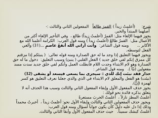 ‫شرح‬
:
) (
ً‫زيدا‬ ُ‫أعلمت‬
ً‫طالعا‬ َ‫القمر‬
-: ‫والثالث‬ ‫الثاني‬ ‫المفعولين‬
.‫والخبر‬ ‫المبتدأ‬ ‫أصلهما‬
) ( :
‫من‬ ‫أكثر‬ ‫اإللغاء‬ ‫التأخير‬ ‫وفي‬ ، ‫طالع‬ ً‫زيدا‬ ُ‫أعلمت‬ ُ‫القمر‬ ‫مثل‬ ‫اإللغاء‬ ‫فيهما‬ ‫يجوز‬
: ) ( :
‫مع‬ ‫الله‬ ‫أعلمنا‬ ‫الكرامة‬ ‫العرب‬ ‫قول‬ ‫ومنه‬ ً‫زيدا‬ ُ‫أعلمت‬ ٌ‫ع‬‫طال‬ ُ‫القمر‬ ‫مثل‬ ‫األعمال‬
: ..
‫الشاعر‬ ‫قول‬ ‫ومنه‬ ‫األكابر‬
ٍ‫عاصم‬ ُ‫ع‬‫أنف‬ ‫الله‬ ‫أراني‬ ‫وأنت‬
(...
31
)
‫وألغي‬
.‫لتوسطه‬ ‫الفعل‬
( :
‫مزقتم‬ ‫إذا‬ ‫ينبئكم‬ ‫تعالى‬ ‫قوله‬ ‫ومنه‬ ‫الصدارة‬ ‫حق‬ ‫له‬ ‫ما‬ ‫وجد‬ ‫إذا‬ ‫التعليق‬ ‫فيهما‬ ‫ويجوز‬
: ) ( )
‫حق‬ ‫له‬ ‫ما‬ ‫دخول‬ ‫التعليق‬ ‫وسبب‬ ‫ينبئ‬ ‫القلبي‬ ‫الفعل‬ ‫جديد‬ ‫خلق‬ ‫لفي‬ ‫إنكم‬ ‫ممزق‬ ‫كل‬
‫مسد‬ ‫سدت‬ ‫جديد‬ ‫خلق‬ ‫لفي‬ ‫وأنكم‬ ‫العمل‬ ‫فأبطلت‬ ‫الالم‬ ‫وجدت‬ ‫االبتداء‬ ‫الم‬ ‫وهو‬ ‫الصدارة‬
: .) (
‫الشاعر‬ ‫قول‬ ‫ومنه‬ ‫أ‬ّ‫نب‬ ‫مفعولين‬
( ::
‫يشقى‬ ‫أو‬ ‫فيسعد‬ ‫يسعى‬ ‫بما‬ ‫سيجزى‬ ‫للذي‬ ‫إنك‬ ‫نبئت‬ ‫فقد‬ ‫حذار‬
32
)
) (
‫كسر‬ ‫هو‬ ‫التعليق‬ ‫نعرف‬ ‫جعلنا‬ ‫والذي‬ ‫الذي‬ ‫في‬ ‫االبتداء‬ ‫الم‬ ‫والمعلق‬ ‫الفعل‬ ‫هو‬ ‫نبئت‬
.) (
َّ‫ن‬‫إ‬ ‫لهمزة‬
‫ال‬ ‫أنه‬ ‫الحذف‬ ‫هذا‬ ‫وسبب‬ ‫والثالث‬ ‫الثاني‬ ‫المفعول‬ ‫وإبقاء‬ ‫األول‬ ‫المفعول‬ ‫حذف‬ ‫يجوز‬
: ‫قولك‬ ‫نحو‬ ‫فائدة‬ ‫بذكره‬ ‫يتعلق‬
ً‫ة‬‫مستعر‬ َ‫الحرب‬ ُ‫أعلمت‬ ،ً ‫نازال‬ َ‫المطر‬ ُ‫أعلمت‬
:
ً‫محمدا‬ ُ‫أخبرت‬ ، ً‫زيدا‬ ُ‫أعلمت‬ ‫نحو‬ ‫األول‬ ‫وإبقاء‬ ‫والثالث‬ ‫الثاني‬ ‫المفعولين‬ ‫حذف‬ ‫ويجوز‬
:‫العرب‬ ‫قول‬ ‫ومنه‬ ‫لسؤال‬ ً‫جوابا‬ ‫يكون‬ ‫كأن‬ ٌ‫ل‬‫دلي‬ ‫عليه‬ ‫دل‬ ‫إذا‬ ‫وذلك‬
. .
‫والثالث‬ ‫الثاني‬ ‫وأبقا‬ ‫األول‬ ‫المفعول‬ ‫حذف‬ ‫حيث‬ ً‫سمينا‬ ‫كبشك‬ ُ‫أعلمت‬
 
