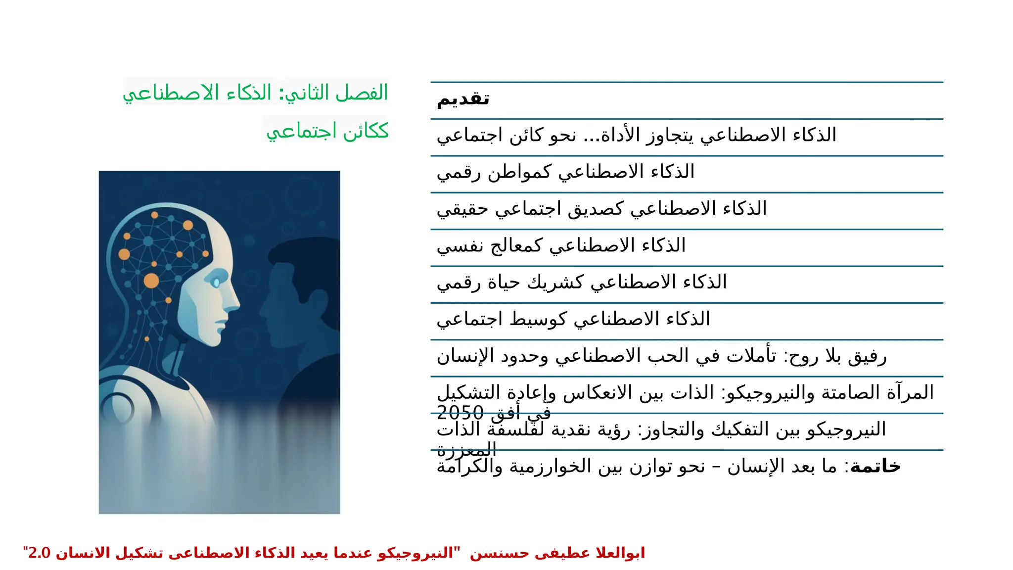 ‫الثاني‬ ‫الفصل‬
:
‫االصطناعي‬ ‫الذكاء‬
‫اجتماعي‬ ‫ككائن‬
‫تقديم‬
...
‫اجتماعي‬ ‫كائن‬ ‫نحو‬ ‫األداة‬ ‫يتجاوز‬ ‫االصطناعي‬ ‫الذكاء‬
‫رقمي‬ ‫كمواطن‬ ‫االصطناعي‬ ‫الذكاء‬
‫حقيقي‬ ‫اجتماعي‬ ‫كصديق‬ ‫االصطناعي‬ ‫الذكاء‬
‫نفسي‬ ‫كمعالج‬ ‫االصطناعي‬ ‫الذكاء‬
‫رقمي‬ ‫حياة‬ ‫كشريك‬ ‫االصطناعي‬ ‫الذكاء‬
‫اجتماعي‬ ‫كوسيط‬ ‫االصطناعي‬ ‫الذكاء‬
:
‫اإلنسان‬ ‫وحدود‬ ‫االصطناعي‬ ‫الحب‬ ‫في‬ ‫تأمالت‬ ‫روح‬ ‫بال‬ ‫رفيق‬
:
‫التشكيل‬ ‫وإعادة‬ ‫االنعكاس‬ ‫بين‬ ‫الذات‬ ‫والنيروجيكو‬ ‫الصامتة‬ ‫المرآة‬
‫أفق‬ ‫في‬
2050
:
‫الذات‬ ‫لفلسفة‬ ‫نقدية‬ ‫رؤية‬ ‫والتجاوز‬ ‫التفكيك‬ ‫بين‬ ‫النيروجيكو‬
‫المعززة‬
‫خاتمة‬
– :
‫والكرامة‬ ‫الخوارزمية‬ ‫بين‬ ‫توازن‬ ‫نحو‬ ‫اإلنسان‬ ‫بعد‬ ‫ما‬
" ‫حسنسن‬ ‫عطيفى‬ ‫ابوالعال‬
‫االنسان‬ ‫تشكيل‬ ‫االصطناعى‬ ‫الذكاء‬ ‫يعيد‬ ‫عندما‬ ‫النيروجيكو‬
2.0
"
 