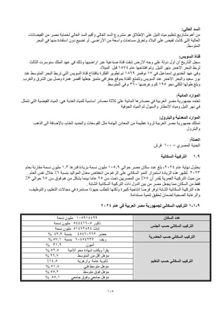 107
:‫العالي‬ ‫السد‬
‫السد‬ ‫وأقيم‬ ‫العالي‬ ‫السد‬ ‫مشروع‬ ‫هو‬ ‫اإلطالق‬ ‫على‬ ‫النيل‬ ‫مياه‬ ‫تنظيم‬ ‫مشاريع‬ ‫أهم‬ ‫من‬
‫الع‬
‫ا‬
‫لي‬
‫الفيضانات‬ ‫من‬ ‫مصر‬ ‫لحماية‬
‫من‬ ‫واسعة‬ ‫مساحات‬ ‫وتغرق‬ ‫البالد‬ ‫على‬ ‫تفيض‬ ‫كانت‬ ‫التي‬ ‫العالية‬
‫أو‬ .‫األراضي‬
‫البحر‬ ‫في‬ ‫منها‬ ‫استفادة‬ ‫دون‬ ‫تضيع‬
.‫المتوسط‬
‫قناة‬
:‫السويس‬
‫أول‬ ‫ان‬ ‫التاريخ‬ ‫سجل‬
‫وذلك‬ ‫اراضيها‬ ‫عبر‬ ‫صناعية‬ ‫قناة‬ ‫شقت‬ ‫االرض‬ ‫وجه‬ ‫على‬ ‫دولة‬
‫في‬
‫الثالث‬ ‫سنوسرت‬ ‫الملك‬ ‫عهد‬
‫بنهر‬ ‫االحمر‬ ‫البحر‬ ‫لربط‬
‫وتم‬ .‫النيل‬
‫عام‬ ‫افتتاحها‬
1874
‫قب‬
‫ل‬
‫الميالد‬
‫إسماعيل‬ ‫الخديوي‬ ‫عهد‬ ‫وفى‬
‫في‬
17
‫نوفمبر‬
1869
‫عند‬ ‫المتوسط‬ ‫البحر‬ ‫تربط‬ ‫التي‬ ‫السويس‬ ‫قناة‬ ‫بافتتاح‬ ‫الفكرة‬ ‫تطوير‬ ‫تم‬
‫جعلها‬ ‫متميز‬ ‫جغرافي‬ ‫بموقع‬ ‫القناة‬ ‫وتتمتع‬ ‫السويس‬ ‫عند‬ ‫االحمر‬ ‫والبحر‬ ‫سعيد‬ ‫بور‬
‫أقصر‬
‫الشرق‬ ‫بين‬ ‫وصل‬ ‫همزة‬
.‫والغرب‬
‫وبلغ‬
‫طولها‬
‫نحو‬ ‫الكلي‬
195
‫وعرضها‬ ‫كم‬
360
‫المتوسط‬ ‫في‬ ‫م‬
‫الموارد‬
:‫المائية‬
‫اساسية‬ ‫مصادر‬ ‫ثالثة‬ ‫على‬ ‫المائية‬ ‫مصادرها‬ ‫في‬ ‫العربية‬ ‫مصر‬ ‫جمهورية‬ ‫تعتمد‬
‫للمياه‬
‫العذبة‬
:‫هي‬
‫الفيضي‬ ‫المياه‬
‫ة‬
‫تتمثل‬ ‫التي‬
‫الجوفية‬ ‫المياه‬ ‫ثم‬ ‫والسيول‬ ‫االمطار‬ ‫ومياه‬ ‫النيل‬ ‫نهر‬ ‫في‬
‫المعدنية‬ ‫الموارد‬
:‫والبترول‬
‫والحديد‬ ‫الفوسفات‬ ‫مثل‬ ‫الهامة‬ ‫المعادن‬ ‫من‬ ‫عظيمة‬ ‫ثروة‬ ‫العربية‬ ‫مصر‬ ‫جمهورية‬ ‫تمتلك‬
‫باإلضافة‬ ،‫الخام‬
‫الذهب‬ ‫الى‬
‫والبترول‬
:‫العملة‬
= ‫المصري‬ ‫الجنية‬
100
‫قرش‬
1.9
‫السكانية‬ ‫التركيبة‬
‫عام‬ ‫نهاية‬ ‫بحلول‬
2024
‫حوالي‬ ‫مصر‬ ‫سكان‬ ‫عدد‬ ‫بلغ‬ ،
105.9
‫قدرها‬ ‫بزيادة‬ ‫نسمة‬ ‫مليون‬
1.3
‫مليون‬
‫بعام‬ ‫مقارنة‬ ‫نسمة‬
2023
‫بنسبة‬ ‫المواليد‬ ‫معدل‬ ‫انخفاض‬ ‫من‬ ‫الرغم‬ ‫على‬ ‫السكاني‬ ‫النمو‬ ‫استمرار‬ ‫الزيادة‬ ‫هذه‬ ‫ظهر‬ُ‫ت‬
6
%
‫العام‬ ‫نفس‬ ‫خالل‬
.
‫أن‬ ‫ُقدر‬‫ي‬ ‫العمرية‬ ‫التركيبة‬ ‫حيث‬ ‫من‬
75
%
‫سن‬ ‫تحت‬ ‫المصريين‬ ‫من‬
25
‫سن‬ ‫فوق‬ ‫هم‬ ‫من‬ ‫يشكل‬ ‫بينما‬ ‫ا‬ً‫م‬‫عا‬
65
‫حوالي‬
3
%
‫الشابة‬ ‫السكانية‬ ‫التركيبة‬ ‫ذات‬ ‫الدول‬ ‫بين‬ ‫من‬ ‫مصر‬ ‫يجعل‬ ‫مما‬ ‫السكان‬ ‫من‬ ‫فقط‬
.
،‫والتوظيف‬ ،‫التعليم‬ ‫مجاالت‬ ‫في‬ ‫مستمرة‬ ‫ًا‬‫د‬‫جهو‬ ‫تتطلب‬ ‫ولكنها‬ ‫كبيرة‬ ‫إنتاجية‬ ‫ا‬ً‫ص‬‫فر‬ ‫توفر‬ ‫الشابة‬ ‫السكانية‬ ‫التركيبة‬ ‫هذه‬
‫مستدامة‬ ‫تنمية‬ ‫تحقيق‬ ‫لضمان‬ ‫الصحية‬ ‫والرعاية‬
.
9
-
1
-
1
‫عام‬ ‫في‬ ‫العربية‬ ‫مصر‬ ‫لجمهورية‬ ‫السكاني‬ ‫التركيب‬
2024
‫عدد‬
‫السكان‬
105914499
‫نسمة‬ ‫مليون‬
‫الجنس‬ ‫حسب‬ ‫السكاني‬ ‫التركيب‬
‫ذكور‬
54441605
‫نسمة‬ ‫مليون‬
‫إناث‬
51472894
‫نسمة‬ ‫مليون‬
‫الحضرية‬ ‫حسب‬ ‫السكاني‬ ‫التركيب‬
‫حضر‬
45460262
‫بنسبة‬
42.9
%
‫ريف‬
60454237
‫بنسبة‬
57.1
%
‫التعليم‬ ‫حسب‬ ‫السكاني‬ ‫التركيب‬
‫أميون‬
31.9
%
‫االمية‬ ‫محو‬ ‫شهادة‬ ‫ويكتب‬ ‫يقرأ‬
52.5
%
‫المتوسط‬ ‫من‬ ‫أقل‬ ‫مؤهل‬
26.7
%
‫وازهرية‬ ‫عامة‬ ‫ثانوية‬
14.5
%
‫متوسط‬ ‫مؤهل‬
‫فني‬
51.8
%
‫متوسط‬ ‫فوق‬ ‫مؤهل‬
55.2
%
‫جامعي‬ ‫وفوق‬ ‫جامعي‬ ‫مؤهل‬
55.1
%
 