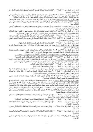 11
-
‫رقم‬ ‫العمل‬ ‫وزير‬ ‫قرار‬
116
‫لسنة‬
2003
‫رقم‬ ‫العمل‬ ‫قانون‬ ‫أحكام‬ ‫بتطبيق‬ ‫المختصة‬ ‫اإلدارية‬ ‫الجهات‬ ‫تحديد‬ ‫(بشأن‬
(
12
‫لسنة‬ )
2003
)
-
‫رقم‬ ‫العمل‬ ‫وزير‬ ‫قرار‬
118
‫لسنة‬
2003
‫التي‬ ‫واألحوال‬ ‫والشروط‬ ‫والظروف‬ ‫األطفال‬ ‫تشغيل‬ ‫نظام‬ ‫تحديد‬ ‫(بشأن‬
)‫المختلفة‬ ‫السن‬ ‫لمراحل‬ ‫وفقا‬ ‫فيها‬ ‫تشغيلهم‬ ‫يحظر‬ ‫التي‬ ‫والصناعات‬ ‫والمهن‬ ‫األعمال‬ ‫وكذلك‬ ‫التشغيل‬ ‫فيها‬ ‫يتم‬
‫رقم‬ ‫القرار‬ ‫تعديل‬
118
‫لسنة‬
2003
‫رقم‬ ‫العمل‬ ‫وزير‬ ‫قرار‬ ‫صدر‬ :
215
‫لسنة‬
2021
‫تشغيل‬ ‫نظام‬ ‫تحديد‬ ‫بشأن‬
‫األطفال‬ ‫وتدريب‬
‫واألحوال‬ ‫والظروف‬
‫يحذر‬ ‫التي‬ ‫والصناعات‬ ‫والمهن‬ ‫األعمال‬ ‫وكذلك‬ ‫التشغيل‬ ‫فيها‬ ‫يتم‬ ‫التي‬
.‫فيها‬ ‫تشغيلهم‬
-
‫رقم‬ ‫العمل‬ ‫وزير‬ ‫قرار‬
126
‫لسنة‬
2003
‫واألمراض‬ ‫الجسيمة‬ ‫والحوادث‬ ‫العمل‬ ‫إصابات‬ ‫ونماذج‬ ‫إحصائيات‬ ‫(بشأن‬
‫واألمراض‬ ‫المهنية‬
)‫والمزمنة‬ ‫العادية‬
-
‫رقم‬ ‫العمل‬ ‫وزير‬ ‫قرار‬
134
‫لسنة‬
2003
‫تحديد‬ ‫(بشأن‬
‫المنشآت‬
‫للسالمة‬ ‫ولجان‬ ‫وظيفية‬ ‫أجهزة‬ ‫بإنشاء‬ ‫تلتزم‬ ‫التي‬
)‫الشأن‬ ‫هذا‬ ‫في‬ ‫تتبع‬ ‫التي‬ ‫والقواعد‬ ‫التدريب‬ ‫تتولى‬ ‫التي‬ ‫والجهات‬ ‫العمل‬ ‫بيئة‬ ‫وتأمين‬ ‫المهنية‬ ‫والصحة‬
-
‫رقم‬ ‫العمل‬ ‫وزير‬ ‫قرار‬
153
‫لسنة‬
2003
)‫القدرات‬ ‫وكشف‬ ‫بالعمل‬ ‫االلتحاق‬ ‫قبل‬ ‫العامل‬ ‫على‬ ‫الطبي‬ ‫الكشف‬ ‫(بشأن‬
-
‫رقم‬ ‫الصحة‬ ‫وزير‬ ‫قرار‬
133
‫لسنة‬
1983
‫الطبي‬ ‫الفحص‬ ‫أساسها‬ ‫على‬ ‫يجري‬ ‫التي‬ ‫الصحية‬ ‫اللياقة‬ ‫احكام‬ ‫(بشأن‬
)‫له‬ ‫المعدلة‬ ‫والقرارات‬ ‫االبتدائي‬
-
‫رقم‬ ‫العمل‬ ‫وزير‬ ‫قرار‬
155
‫لسنة‬
2003
.)‫فيها‬ ‫النساء‬ ‫تشغيل‬ ‫يجوز‬ ‫ال‬ ‫التي‬ ‫األعمال‬ ‫تحديد‬ ‫(بشأن‬
‫رقم‬ ‫القرار‬ ‫تعديل‬
155
‫لسنة‬
2003
:
‫رقم‬ ‫العمل‬ ‫وزير‬ ‫قرار‬ ‫صدر‬
43
‫لسنة‬
2021
‫ال‬ ‫التي‬ ‫األعمال‬ ‫تحديد‬ ‫بشأن‬
.‫فيها‬ ‫النساء‬ ‫تشغيل‬ ‫يجوز‬
-
‫رقم‬ ‫العمل‬ ‫وزير‬ ‫قرار‬
175
‫لسنة‬
2003
)‫المهني‬ ‫للتدرج‬ ‫المنظمة‬ ‫واالجراءات‬ ‫القواعد‬ ‫(بشأن‬
‫بإلحاق‬ ‫والخاص‬
‫مهن‬ ‫لتعلم‬ ‫االعمال‬ ‫أصحاب‬ ‫لدي‬ ‫المتدرب‬
‫ة‬
‫معين‬
‫ة‬
‫الخطرة‬ ‫االعمال‬ ‫في‬ ‫التدرج‬ ‫حظر‬ ‫مع‬ .
‫و‬
‫رقم‬ ‫القرار‬ ‫تعديالت‬
175
‫لسنة‬
2003
( :
230
‫لسنة‬
2007
‫و‬
397
‫لسنة‬
2015
‫و‬
414
‫لسنة‬
2015
)
-
‫رقم‬ ‫العمل‬ ‫وزير‬ ‫قرار‬
176
‫لسنة‬
2003
)‫الخماسية‬ ‫للجان‬ ‫للتقدم‬ ‫تتبع‬ ‫التي‬ ‫القانونية‬ ‫اإلجراءات‬ ‫(بشأن‬
‫رقم‬ ‫القرار‬ ‫تعديل‬
176
‫لسنة‬
2003
:
‫االجتماعي‬ ‫للتأمين‬ ‫القومية‬ ‫الهيئة‬ ‫رئيس‬ ‫قرار‬ ‫صدر‬
‫رقم‬
3401
‫لسنة‬
2021
‫عليه‬ ‫للمؤمن‬ ‫العمل‬ ‫صاحب‬ ‫لدى‬ ‫آخر‬ ‫عمل‬ ‫وجود‬ ‫عدم‬ ‫إثبات‬ ‫لجان‬ ‫بشأن‬
.‫المستديم‬ ‫الجزئي‬ ‫العجز‬ ‫صاحب‬
-
‫رقم‬ ‫العمل‬ ‫وزير‬ ‫قرار‬
180
‫لسنة‬
2003
)‫للعمال‬ ‫الطبية‬ ‫الرعاية‬ ‫تنظيم‬ ‫(بشأن‬
-
‫العمل‬ ‫وزير‬ ‫قرار‬
‫رقم‬
183
‫لسنة‬
2003
)‫ليال‬ ‫النساء‬ ‫تشغيل‬ ‫تنظيم‬ ‫(بشأن‬
‫رقم‬ ‫القرار‬ ‫تعديل‬
183
‫لسنة‬
2003
:
‫رقم‬ ‫العمل‬ ‫وزير‬ ‫قرار‬ ‫صدر‬
44
‫لسنة‬
2021
‫ليال‬ ‫النساء‬ ‫تشغيل‬ ‫تنظيم‬ ‫بشأن‬
-
‫رقم‬ ‫العمل‬ ‫وزير‬ ‫قرار‬
200
‫لسنة‬
2003
‫ومواصفات‬ ‫واشتراطات‬ ‫العمران‬ ‫عن‬ ‫البعيدة‬ ‫المناطق‬ ‫تحديد‬ ‫(بشأن‬
.)‫عامل‬ ‫لكل‬ ‫منها‬ ‫تقدم‬ ‫التي‬ ‫الكميات‬ ‫الطعام‬ ‫أصناف‬ ‫وتعيين‬ ‫العمال‬ ‫مساكن‬
-
‫رقم‬ ‫العمل‬ ‫وزير‬ ‫قرار‬
201
‫لسنة‬
2003
‫معايير‬ ‫لوضع‬ ‫الصناعة‬ ‫بوزارة‬ ‫المركزية‬ ‫اللجنة‬ ‫تشكيل‬ ‫(بشأن‬
‫و‬ ‫المحال‬ ‫تراخيص‬ ‫ومنح‬ ‫واشتراطات‬
‫المنشآت‬
.)‫الصناعية‬
‫رقم‬ ‫القرار‬ ‫تعديل‬
201
‫لسنة‬
2003
:
‫بوضع‬ ‫الصناعة‬ ‫بوزارة‬ ‫الصناعية‬ ‫للتنمية‬ ‫العامة‬ ‫الهيئة‬ ‫لجنة‬ ‫تشكيل‬ ‫تم‬
‫للمادة‬ ‫طبقا‬ ‫التراخيص‬ ‫على‬ ‫للحصول‬ ‫الالزمة‬ ‫االشتراطات‬
14
‫رقم‬ ‫قانون‬ ‫من‬
15
‫لسنة‬
2017
‫تيسير‬ ‫بشأن‬
‫تراخيص‬ ‫منح‬ ‫اجراءات‬
‫المنشآت‬
‫للحصول‬ ‫الالزمة‬ ‫االشتراطات‬ ‫جميع‬ ‫تحديد‬ ‫اللجنة‬ ‫هذه‬ ‫مهام‬ ‫ضمن‬ ‫ومن‬ ‫الصناعية‬
‫رقم‬ ‫القانون‬ ‫ألحكام‬ ‫طبقا‬ ‫التراخيص‬ ‫على‬
15
‫لسنة‬
2017
‫وصدر‬ .‫المهنية‬ ‫والصحة‬ ‫السالمة‬ ‫اشتراطات‬ ‫ذلك‬ ‫في‬ ‫بما‬
‫رقم‬ ‫والصناعة‬ ‫التجارة‬ ‫وزير‬ ‫قرار‬
461
‫لسنة‬
2018
‫تراخيص‬ ‫منح‬ ‫اشتراطات‬ ‫بإصدار‬
‫المنشآت‬
‫ومنها‬ ‫الصناعية‬
.‫المهنية‬ ‫والصحة‬ ‫السالمة‬ ‫اشتراطات‬
-
‫رقم‬ ‫العمل‬ ‫وزير‬ ‫قرار‬
211
‫لسنة‬
2003
‫المخاطر‬ ‫لدرء‬ ‫الالزمة‬ ‫واالحتياطات‬ ‫واالشتراطات‬ ‫األمان‬ ‫حدود‬ ‫(بشأن‬
.)‫العمل‬ ‫بيئة‬ ‫وتأمين‬ ‫والسلبية‬ ‫والكيميائية‬ ‫الفيزيائية‬
-
‫رقم‬ ‫العمل‬ ‫وزير‬ ‫قرار‬
213
‫لسنة‬
2003
‫الالئحة‬ ‫إصدار‬ ‫(بشأن‬
)‫المنتظمة‬ ‫غير‬ ‫العمالة‬ ‫لتشغيل‬ ‫المنظمة‬
-
‫رقم‬ ‫العمل‬ ‫وزير‬ ‫قرار‬
214
‫لسنة‬
2003
‫االجتماعية‬ ‫الخدمات‬ ‫صندوق‬ ‫إدارة‬ ‫مجلس‬ ‫واختصاصات‬ ‫تشكيل‬ ‫(بشأن‬
)‫والثقافية‬ ‫والصحية‬
-
‫رقم‬ ‫العمل‬ ‫وزير‬ ‫قرار‬
215
‫لسنة‬
2003
‫للخدمات‬ ‫األدنى‬ ‫الحد‬ ‫تحديد‬ ‫(بشأن‬
‫االجتماعية‬
‫مستوى‬ ‫على‬ ‫والثقافية‬
)‫المنشأة‬
-
‫رقم‬ ‫العمل‬ ‫وزير‬ ‫قرار‬
216
‫لسنة‬
2003
‫والصحية‬ ‫االجتماعية‬ ‫الخدمات‬ ‫لصندوق‬ ‫واإلدارية‬ ‫المالية‬ ‫الالئحة‬ ‫(بشأن‬
)‫والثقافية‬
-
‫رقم‬ ‫العمل‬ ‫وزير‬ ‫قرار‬
217
‫لسنة‬
2003
‫المستوى‬ ‫على‬ ‫والثقافية‬ ‫والصحية‬ ‫االجتماعية‬ ‫الخدمات‬ ‫تحديد‬ ‫(بشأن‬
‫القومي‬
)
 