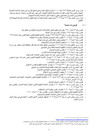 12
-
‫ق‬
‫العاملة‬ ‫القوى‬ ‫وزير‬ ‫رار‬
263
‫لسنة‬
2010
(
‫والصحة‬ ‫السالمة‬ ‫مجال‬ ‫فى‬ ‫التدريب‬ ‫مناهج‬ ‫وضع‬ ‫لجنة‬ ‫تشكيل‬ ‫بشأن‬
‫للجهات‬ ‫المنظمة‬ ‫والشروط‬ ‫والقواعد‬ ‫العمل‬ ‫بيئة‬ ‫وتأمين‬ ‫المهنية‬
‫التي‬
‫ونوعيات‬ ‫شروط‬ ‫وتحديد‬ ‫التدريب‬ ‫لها‬ ‫يجوز‬
‫والمتدربين‬ ‫المحاضرين‬
‫أخصائيي‬
‫ن‬
‫والصحة‬ ‫السالمة‬ ‫لجان‬ ‫وأعضاء‬ ‫وفنيي‬
‫المهنية‬
)
.
-
‫رقم‬ ‫العمل‬ ‫وزير‬ ‫قرار‬
122
‫لسنة‬
2017
‫أثناء‬ ‫المهنية‬ ‫والصحة‬ ‫السالمة‬ ‫تفتيش‬ ‫مراجعة‬ ‫قائمة‬ ‫استخدام‬ ‫تعميم‬ ‫بشأن‬
‫التفتيش‬
4.1
‫قوانين‬
‫الصلة‬ ‫ذات‬
4
-
‫رقم‬ ‫قانون‬
59
‫لسنة‬
1960
)‫اخطارها‬ ‫من‬ ‫والوقاية‬ ‫المؤينة‬ ‫باإلشعاعات‬ ‫العمل‬ ‫تنظيم‬ ‫شأن‬ ‫(في‬
-
‫رقم‬ ‫قانون‬
4
‫لسنة‬
1994
)‫البيئة‬ ‫شأن‬ ‫في‬ ‫قانون‬ ‫(بإصدار‬
-
‫مجلس‬ ‫رئيس‬ ‫قرار‬
‫رقم‬ ‫الوزراء‬
338
‫لسنة‬
1995
‫رقم‬ ‫قانون‬ ‫البيئة‬ ‫لقانون‬ ‫التنفيذية‬ ‫الالئحة‬ ‫بإصدار‬
4
‫لسنة‬
1994
-
‫رقم‬ ‫قانون‬
119
‫لسنة‬
2008
‫المنظمة‬ ‫والقرارات‬ ‫وتعديالته‬ )‫الموحد‬ ‫البناء‬ ‫(قانون‬
-
‫رقم‬ ‫قانون‬
9
‫لسنة‬
2009
)‫البيئة‬ ‫شأن‬ ‫في‬ ‫قانون‬ ‫احكام‬ ‫بعض‬ ‫(بتعديل‬
-
‫رقم‬ ‫قانون‬
7
‫لسنة‬
2010
)‫واالشعاعية‬ ‫النووية‬ ‫األنشطة‬ ‫(تنظيم‬
-
‫رقم‬ ‫التعليم‬ ‫وزير‬ ‫قرار‬
444
‫لسنة‬
2015
‫وزارة‬ ‫عن‬ ‫ممثلين‬ ‫تضم‬ ‫محافظة‬ ‫بكل‬ ‫إشرافيه‬ ‫لجنة‬ ‫تشكيل‬ ‫بخصوص‬
.‫المصانع‬ ‫في‬ ‫الطالب‬ ‫لمتابعة‬ ‫االقليمية‬ ‫والوحدات‬ ‫والتعليم‬ ‫التربية‬
-
‫رقم‬ ‫قانون‬
81
‫لسنة‬
2016
)‫المدنية‬ ‫الخدمة‬ ‫(قانون‬
-
‫رقم‬ ‫قانون‬
1
‫لسنة‬
2017
)‫الغذاء‬ ‫لسالمة‬ ‫القومية‬ ‫الهيئة‬ ‫(قانون‬
-
‫رقم‬ ‫قانون‬
15
‫لسنة‬
2017
)‫الصناعية‬ ‫المنشآت‬ ‫تراخيص‬ ‫منح‬ ‫إجراءات‬ ‫تيسير‬ ‫(قانون‬
-
‫رقم‬ ‫الوزراء‬ ‫رئيس‬ ‫قرار‬
1082
‫لسنة‬
2017
‫تراخيص‬ ‫منح‬ ‫إجراءات‬ ‫تيسير‬ ‫لقانون‬ ‫التنفيذية‬ ‫الالئحة‬ ‫بإصدار‬
‫رقم‬ ‫بقانون‬ ‫الصادر‬ ‫الصناعية‬ ‫المنشآت‬
15
‫لسنة‬
2017
-
‫رقم‬ ‫قانون‬
72
‫لسنة‬
2017
)‫االستثمار‬ ‫قانون‬ ‫(اصدار‬
-
‫رقم‬ ‫الوزراء‬ ‫رئيس‬ ‫قرار‬
2310
‫لسنة‬
2017
‫االستثمار‬ ‫لقانون‬ ‫التنفيذية‬ ‫الالئحة‬ ‫بإصدار‬
-
‫الحريق‬ ‫من‬ ‫المنشآت‬ ‫لحماية‬ ‫التنفيذ‬ ‫واشتراطات‬ ‫التصميم‬ ‫ألسس‬ ‫المصري‬ ‫الكود‬
-
‫رقم‬ ‫قانون‬
2
‫لسنه‬
2018
)‫الشامل‬ ‫االجتماعي‬ ‫الصحي‬ ‫التأمين‬ ‫(قانون‬
-
‫رقم‬ ‫قانون‬
10
‫لسنة‬
2018
)‫اإلعاقة‬ ‫ذوي‬ ‫األشخاص‬ ‫(حقوق‬
-
‫رقم‬ ‫قانون‬
148
‫لسنة‬
2019
)‫والمعاشات‬ ‫االجتماعية‬ ‫التأمينات‬ ‫(قانون‬
5
-
‫رقم‬ ‫الوزراء‬ ‫مجلس‬ ‫رئيس‬ ‫قرار‬
2437
‫لسنة‬
2021
‫والمعاشات‬ ‫االجتماعية‬ ‫التأمينات‬ ‫لقانون‬ ‫التنفيذية‬ ‫بالالئحة‬
‫رقم‬
148
‫لسنة‬ ‫الصادر‬
2019
.
-
‫رقم‬ ‫قانون‬
154
‫لسنة‬
2019
)‫العامة‬ ‫المحال‬ ‫(قانون‬
-
‫رقم‬ ‫الوزراء‬ ‫رئيس‬ ‫قرار‬
590
‫لسنة‬
2020
‫رقم‬ ‫بالقانون‬ ‫الصادر‬ ‫العامة‬ ‫المحال‬ ‫لقانون‬ ‫التنفيذية‬ ‫الالئحة‬ ‫بإصدار‬
154
‫لسنة‬
2019
.
-
‫رقم‬ ‫قانون‬
202
‫لسنة‬
2020
‫المخلفات‬ ‫االدارة‬ ‫تنظيم‬ ‫قانون‬ ‫بالصدار‬
-
‫رقم‬ ‫بالقانون‬ ‫الصادر‬ ‫المخلفات‬ ‫إدارة‬ ‫تنظيم‬ ‫لقانون‬ ‫التنفيذية‬ ‫الالئحة‬
202
‫لسنة‬
2020
-
‫رقم‬ ‫قانون‬
8
‫لسنة‬
2022
)‫والسياحية‬ ‫الفندقية‬ ‫المنشآت‬ ‫قانون‬ ‫(اصدار‬
-
‫رقم‬ ‫الوزراء‬ ‫مجلس‬ ‫رئيس‬ ‫قرار‬
562
‫لسنة‬
2025
6
‫العمل‬ ‫مجال‬ ‫في‬ ‫االجتماعي‬ ‫للتشاور‬ ‫األعلى‬ ‫المجلس‬ ‫بتشكيل‬
‫العمل‬ ‫بوزارة‬
4
https://www.manpower.gov.eg/WorkLow.html
5
‫رقم‬ ‫بالقانون‬ ‫الصادر‬ ‫والمعاشات‬ ‫االجتماعية‬ ‫التأمينات‬ ‫قانون‬
148
‫لسنة‬
2019
‫له‬ ‫المنفذة‬ ‫الوزارية‬ ‫والقرارات‬ ‫التنفيذية‬ ‫والالئحة‬
6
‫رقم‬ ‫الوزراء‬ ‫مجلس‬ ‫رئيس‬ ‫قرار‬
562
‫لسنة‬
2025
‫العمل‬ ‫مجال‬ ‫في‬ ‫االجتماعي‬ ‫للتشاور‬ ‫األعلى‬ ‫المجلس‬ ‫تشكيل‬ ‫بشأن‬
 