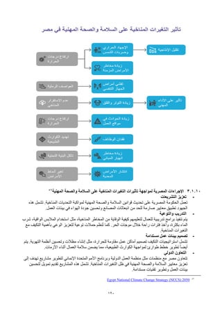 120
3.1.10
‫المهنية‬ ‫والصحة‬ ‫السالمة‬ ‫على‬ ‫المناخية‬ ‫التغيرات‬ ‫تأثيرات‬ ‫لمواجهة‬ ‫المصرية‬ ‫اإلجراءات‬
86
-
‫التشريعات‬ ‫تعزيز‬
‫السالمة‬ ‫قوانين‬ ‫تحديث‬ ‫على‬ ‫المصرية‬ ‫الحكومة‬ ‫تعمل‬
‫هذه‬ ‫تشمل‬ .‫المناخية‬ ‫التحديات‬ ‫لمواكبة‬ ‫المهنية‬ ‫والصحة‬
‫العمل‬ ‫بيئات‬ ‫في‬ ‫الهواء‬ ‫جودة‬ ‫وتحسين‬ ‫المصانع‬ ‫انبعاثات‬ ‫من‬ ‫للحد‬ ‫صارمة‬ ‫معايير‬ ‫تطبيق‬ ‫الجهود‬
.
-
‫والتوعية‬ ‫التدريب‬
‫المالبس‬ ‫استخدام‬ ‫مثل‬ ،‫المناخية‬ ‫المخاطر‬ ‫من‬ ‫الوقاية‬ ‫كيفية‬ ‫لتعليمهم‬ ‫للعمال‬ ‫تدريبية‬ ‫برامج‬ ‫تنفيذ‬ ‫يتم‬
‫شرب‬ ،‫الواقية‬
‫مع‬ ‫التكيف‬ ‫بأهمية‬ ‫الوعي‬ ‫لتعزيز‬ ‫توعية‬ ‫حمالت‬ ‫نظم‬ُ‫ت‬ ‫كما‬ .‫الحر‬ ‫موجات‬ ‫خالل‬ ‫راحة‬ ‫فترات‬ ‫وأخذ‬ ،‫بكثرة‬ ‫الماء‬
‫المناخية‬ ‫التغيرات‬
.
-
‫مستدامة‬ ‫عمل‬ ‫بيئات‬ ‫تصميم‬
‫يتم‬ .‫التهوية‬ ‫أنظمة‬ ‫وتحسين‬ ‫مظالت‬ ‫إنشاء‬ ‫مثل‬ ،‫للحرارة‬ ‫مقاومة‬ ‫عمل‬ ‫أماكن‬ ‫تصميم‬ ‫التكيف‬ ‫استراتيجيات‬ ‫تشمل‬
‫األزمات‬ ‫أثناء‬ ‫العمال‬ ‫سالمة‬ ‫يضمن‬ ‫مما‬ ،‫الطبيعية‬ ‫الكوارث‬ ‫لمواجهة‬ ‫طوارئ‬ ‫خطط‬ ‫تطوير‬ ً‫ا‬‫أيض‬
.
-
‫الدولي‬ ‫التعاون‬
‫إلى‬ ‫تهدف‬ ‫مشاريع‬ ‫لتطوير‬ ‫اإلنمائي‬ ‫المتحدة‬ ‫األمم‬ ‫وبرنامج‬ ‫الدولية‬ ‫العمل‬ ‫منظمة‬ ‫مثل‬ ‫منظمات‬ ‫مع‬ ‫مصر‬ ‫تتعاون‬
‫لتحسين‬ ‫تمويل‬ ‫تقديم‬ ‫المشاريع‬ ‫هذه‬ ‫تشمل‬ .‫المناخية‬ ‫التغيرات‬ ‫ظل‬ ‫في‬ ‫المهنية‬ ‫والصحة‬ ‫السالمة‬ ‫معايير‬ ‫تعزيز‬
‫مستدامة‬ ‫تقنيات‬ ‫وتطوير‬ ‫العمل‬ ‫بيئات‬
.
86
Egypt National Climate Change Strategy (NCCS) 2050
 