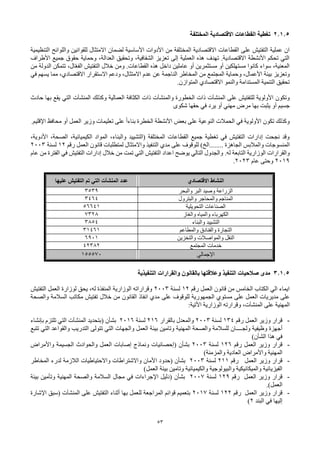 53
2.1.5
‫القطاعات‬ ‫تغطية‬
‫االقتصادية‬
‫المختلفة‬
‫من‬ ‫المختلفة‬ ‫االقتصادية‬ ‫القطاعات‬ ‫على‬ ‫التفتيش‬ ‫عملية‬ ‫ان‬
‫التنظيمية‬ ‫واللوائح‬ ‫للقوانين‬ ‫االمتثال‬ ‫لضمان‬ ‫األساسية‬ ‫األدوات‬
‫األطراف‬ ‫جميع‬ ‫حقوق‬ ‫وحماية‬ ،‫العدالة‬ ‫وتحقيق‬ ،‫الشفافية‬ ‫تعزيز‬ ‫إلى‬ ‫العملية‬ ‫هذه‬ ‫تهدف‬ .‫االقتصادية‬ ‫األنشطة‬ ‫تحكم‬ ‫التي‬
‫القطاعات‬ ‫هذه‬ ‫داخل‬ ‫عاملين‬ ‫أو‬ ‫مستثمرين‬ ‫أو‬ ‫مستهلكين‬ ‫كانوا‬ ‫سواء‬ ،‫المعنية‬
.
‫ومن‬
‫الدولة‬ ‫تتمكن‬ ،‫ال‬ّ‫ع‬‫الف‬ ‫التفتيش‬ ‫خالل‬
‫من‬
‫وتعزيز‬
‫في‬ ‫يسهم‬ ‫مما‬ ،‫االقتصادي‬ ‫االستقرار‬ ‫ودعم‬ ،‫االمتثال‬ ‫عدم‬ ‫عن‬ ‫الناجمة‬ ‫المخاطر‬ ‫من‬ ‫المجتمع‬ ‫وحماية‬ ،‫األعمال‬ ‫بيئة‬
‫المتوازن‬ ‫االقتصادي‬ ‫والنمو‬ ‫المستدامة‬ ‫التنمية‬ ‫تحقيق‬
.
‫على‬ ‫للتفتيش‬ ‫األولوية‬ ‫وتكون‬
‫المنشآت‬
‫و‬ ‫الخطورة‬ ‫ذات‬
‫المنشآت‬
‫الكثافة‬ ‫ذات‬
‫وكذلك‬ ‫العمالية‬
‫المنشآت‬
‫التي‬
‫حادث‬ ‫بها‬ ‫يقع‬
‫مرض‬ ‫بها‬ ‫يثبت‬ ‫أو‬ ‫جسيم‬
‫مهني‬
‫يرد‬ ‫أو‬
‫في‬
‫شكوى‬ ‫حقها‬
‫األولوية‬ ‫تكون‬ ‫وكذلك‬
‫في‬
‫الخطرة‬ ‫األنشطة‬ ‫بعض‬ ‫على‬ ‫النوعية‬ ‫الحمالت‬
ً‫ا‬‫بناء‬
‫محافظ‬ ‫أو‬ ‫العمل‬ ‫وزير‬ ‫تعليمات‬ ‫على‬
.‫اإلقليم‬
‫المختلفة‬ ‫القطاعات‬ ‫جميع‬ ‫تغطية‬ ‫في‬ ‫التفتيش‬ ‫إدارات‬ ‫نجحت‬ ‫وقد‬
‫(التشييد‬
‫المواد‬ ،‫والبناء‬
‫الصحة‬ ،‫الكيميائية‬
،‫األدوية‬ ،
‫المنسوجات‬
‫والمالبس‬
‫للوقوف‬ )‫الخ‬........ ‫الجاهزة‬
‫على‬
‫رقم‬ ‫العمل‬ ‫قانون‬ ‫لمتطلبات‬ ‫واالمتثال‬ ‫التنفيذ‬ ‫مدي‬
12
‫لسنة‬
2003
‫والقرار‬
‫ا‬
‫الوزارية‬ ‫ت‬
‫التابعة‬
.‫له‬
‫التفتيش‬ ‫إدارات‬ ‫خالل‬ ‫من‬ ‫تمت‬ ‫التي‬ ‫التفتيش‬ ‫اعداد‬ ‫يوضح‬ ‫التالي‬ ‫والجدول‬
‫عام‬ ‫من‬ ‫الفترة‬ ‫في‬
2019
‫وحتى‬
‫عام‬
2023
.
‫النشاط‬
‫االقتصادي‬
‫عدد‬
‫المنشآت‬
‫التي‬
‫عليها‬ ‫التفتيش‬ ‫تم‬
‫والبحر‬ ‫البر‬ ‫وصيد‬ ‫الزراعة‬
3539
‫والبترول‬ ‫والمحاجر‬ ‫المناجم‬
3464
‫التحويلية‬ ‫الصناعات‬
56641
‫الكهرباء‬
‫والغاز‬ ‫والمياه‬
7328
‫والبناء‬ ‫التشييد‬
3854
‫والمطاعم‬ ‫والفنادق‬ ‫التجارة‬
31461
‫والتخزين‬ ‫والمواصالت‬ ‫النقل‬
6901
‫المجتمع‬ ‫خدمات‬
42382
‫اإلجمالي‬
155570
3.1.5
‫التنفيذية‬ ‫والقرارات‬ ‫بالقانون‬ ‫وعالقتها‬ ‫التنفيذ‬ ‫صالحيات‬ ‫مدى‬
‫رقم‬ ‫العمل‬ ‫قانون‬ ‫من‬ ‫الخامس‬ ‫الكتاب‬ ‫الي‬ ‫ايماء‬
12
‫لسنة‬
2003
‫التفتيش‬ ‫العمل‬ ‫لوزارة‬ ‫يحق‬ ،‫له‬ ‫المنفذة‬ ‫الوزارية‬ ‫وقراراته‬
‫على‬
‫العمل‬ ‫مديريات‬
‫على‬
‫للوقوف‬ ‫الجمهورية‬ ‫مستوي‬
‫على‬
‫والصحة‬ ‫السالمة‬ ‫مكاتب‬ ‫تفتيش‬ ‫خالل‬ ‫من‬ ‫القانون‬ ‫انفاذ‬ ‫مدي‬
‫المهنية‬
‫على‬
‫المنشآت‬
،
‫الوزارية‬ ‫وقرارته‬
:‫األتية‬
-
‫رقم‬ ‫العمل‬ ‫وزير‬ ‫قرار‬
134
‫لسنة‬
2003
‫بالقرار‬ ‫والمعدل‬
216
‫لسنة‬
2016
‫بشأن‬
(
‫بتحديد‬
‫المنشآت‬
‫بإنشاء‬ ‫تلتزم‬ ‫التي‬
‫ولج‬ ‫وظيفية‬ ‫أجهزة‬
‫ــــ‬
‫تتبع‬ ‫التي‬ ‫والقواعد‬ ‫التدريب‬ ‫تتولى‬ ‫التي‬ ‫والجهات‬ ‫العمل‬ ‫بيئة‬ ‫وتامين‬ ‫المهنية‬ ‫والصحة‬ ‫للسالمة‬ ‫ان‬
‫هذا‬ ‫في‬
)‫الشأن‬
-
‫رقم‬ ‫العمل‬ ‫وزير‬ ‫قرار‬
126
‫لسنة‬
2003
‫واألمراض‬ ‫الجسيمة‬ ‫والحوادث‬ ‫العمل‬ ‫إصابات‬ ‫ونماذج‬ ‫(إحصائيات‬ ‫بشأن‬
‫العادية‬ ‫واألمراض‬ ‫المهنية‬
)‫والمزمنة‬
-
‫رقم‬ ‫العمل‬ ‫وزير‬ ‫قرار‬
211
‫لسنة‬
2003
‫المخاطر‬ ‫لدرء‬ ‫الالزمة‬ ‫واالحتياطيات‬ ‫واالشتراطات‬ ‫األمان‬ ‫(حدود‬ ‫بشأن‬
‫بيئة‬ ‫وتامين‬ ‫والكيميائية‬ ‫والبيولوجية‬ ‫والميكانيكية‬ ‫الفيزيائية‬
)‫العمل‬
-
‫رقم‬ ‫العمل‬ ‫وزير‬ ‫قرار‬
129
‫لسنة‬
2007
‫بيئة‬ ‫وتأمين‬ ‫المهنية‬ ‫والصحة‬ ‫السالمة‬ ‫مجال‬ ‫في‬ ‫اإلجراءات‬ ‫(دليل‬ ‫بشأن‬
)‫العمل‬
.
-
‫رقم‬ ‫العمل‬ ‫وزير‬ ‫قرار‬
122
‫لسنة‬
2017
‫على‬ ‫التفتيش‬ ‫أثناء‬ ‫بها‬ ‫للعمل‬ ‫المراجعة‬ ‫قوائم‬ ‫بتعميم‬
‫المنشآت‬
‫(سبق‬
‫اإلشارة‬
‫البند‬ ‫في‬ ‫إليها‬
2
)
 