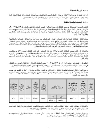 54
4.1.5
‫المسئولة‬ ‫الوزارة‬
‫مراقبة‬ ‫عن‬ ‫المسئولة‬ ‫الوزارة‬
‫االمتثال‬
‫هي‬
‫المصرية‬ ‫العمل‬ ‫وزارة‬
‫إليها‬ ‫المشار‬ ‫الصلة‬ ‫وذات‬ ‫المعنية‬ ‫الجهات‬ ‫مع‬ ‫تتعاون‬ ‫كما‬
‫رقم‬ ‫بالبند‬
4
.‫للعاملين‬ ‫وصحية‬ ‫آمنة‬ ‫عمل‬ ‫بيئة‬ ‫لتوفير‬ ‫المهنية‬ ‫والصحة‬ ‫السالمة‬ ‫معايير‬ ‫تطبيق‬ ‫لضمان‬
5.1.5
‫المنشآت‬
‫بالتفتيش‬ ‫المشمولة‬
‫رقم‬ ‫العمل‬ ‫لقانون‬ ‫ا‬ً‫ق‬‫وف‬ ‫المهنية‬ ‫والصحة‬ ‫السالمة‬ ‫مجال‬ ‫في‬ ‫للتفتيش‬ ‫مصر‬ ‫في‬ ‫المؤسسات‬ ‫من‬ ‫العديد‬ ‫تخضع‬
12
‫لسنة‬
2003
،
‫جميع‬ ‫المؤسسات‬ ‫هذه‬ ‫تشمل‬ .‫المهنية‬ ‫المخاطر‬ ‫من‬ ‫العمال‬ ‫وحماية‬ ‫آمنة‬ ‫عمل‬ ‫بيئة‬ ‫بتوفير‬ ‫العمل‬ ‫أصحاب‬ ‫ُلزم‬‫ي‬ ‫الذي‬
‫المنشآت‬
‫الحكومي‬ ‫القطاع‬ ‫مؤسسات‬ ‫حتى‬ ‫أو‬ ،‫زراعية‬ ‫أو‬ ،‫خدمية‬ ‫أو‬ ،‫تجارية‬ ‫أو‬ ،‫صناعية‬ ‫منشآت‬ ‫كانت‬ ‫سواء‬ ،‫العمال‬ ‫تستخدم‬ ‫التي‬
‫العام‬ ‫األعمال‬ ‫وقطاع‬
.
‫التفتيش‬ ‫يشمل‬
‫المنشآت‬
‫والميكانيكية‬ ‫الكيميائية‬ ‫المخاطر‬ ‫من‬ ‫آمنة‬ ‫عمل‬ ‫بيئة‬ ‫تتطلب‬ ‫التي‬ ‫والورش‬ ‫المصانع‬ ‫مثل‬ ‫الصناعية‬
‫المخاطر‬ ‫من‬ ‫واالنهيارات‬ ‫السقوط‬ ‫حوادث‬ ‫تعد‬ ‫حيث‬ ،‫والتشييد‬ ‫البناء‬ ‫مواقع‬ ‫إلى‬ ‫التفتيش‬ ‫عمليات‬ ‫تمتد‬ ‫كما‬ .‫والبيولوجية‬
‫الصحية‬ ‫المؤسسات‬ ‫ًا‬‫ض‬‫أي‬ ‫وتشمل‬ .‫منها‬ ‫الوقاية‬ ‫يجب‬ ‫التي‬ ‫الشائعة‬
‫تلتزم‬ ‫أن‬ ‫يجب‬ ‫التي‬ ،‫الطبية‬ ‫والمراكز‬ ‫المستشفيات‬ ‫مثل‬
‫الخطرة‬ ‫البيولوجية‬ ‫للمواد‬ ‫التعرض‬ ‫من‬ ‫العاملين‬ ‫وحماية‬ ‫العدوى‬ ‫مكافحة‬ ‫بإجراءات‬
.
‫تخضع‬ ،‫ذلك‬ ‫إلى‬ ‫باإلضافة‬
‫المنشآت‬
‫بمتطلبات‬ ‫االلتزام‬ ‫لضمان‬ ‫للتفتيش‬ ،‫والشركات‬ ‫المكاتب‬ ‫مثل‬ ،‫واإلدارية‬ ‫التجارية‬
‫على‬ ‫التفتيش‬ ‫يتم‬ ‫كما‬ .‫الوقائية‬ ‫والتجهيزات‬ ‫والتهوية‬ ‫اإلضاءة‬
‫المنشآت‬
،‫والزوار‬ ‫العاملين‬ ‫سالمة‬ ‫لضمان‬ ‫والفندقية‬ ‫السياحية‬
‫للمعلمين‬ ‫المخاطر‬ ‫من‬ ‫خالية‬ ‫عمل‬ ‫بيئة‬ ‫توفير‬ ‫إلى‬ ‫تحتاج‬ ‫التي‬ ‫والجامعات‬ ‫المدارس‬ ‫مثل‬ ‫التعليمية‬ ‫المؤسسات‬ ‫عن‬ ً
‫فضال‬
‫والموظفين‬
.
‫استثنى‬
‫رقم‬ ‫الوزراء‬ ‫مجلس‬ ‫رئيس‬ ‫السيد‬ ‫قرار‬
982
‫لسنة‬
2003
‫بعض‬
‫المنشآت‬
‫اإلنتاج‬ ‫لوزارة‬ ‫التابعة‬
‫الحربي‬
‫التفتيش‬ ‫من‬
‫في‬
‫والصحة‬ ‫السالمة‬ ‫مجال‬
،‫المهنية‬
‫وهم‬
16
‫منشآه‬
‫لإلنتاج‬ ‫الدولة‬ ‫وزارة‬ ‫تتولى‬
‫الحربي‬
‫التفتيش‬
‫طبقا‬ ‫عليها‬
.‫القرار‬ ‫لهذا‬
‫التالي‬ ‫الجدول‬ ‫يوضح‬
‫المنشآت‬
‫المشمولة‬
‫سنه‬ ‫عن‬ ‫علية‬ ‫التفتيش‬ ‫تم‬ ‫الذي‬ ‫والعدد‬ ‫بالتفتيش‬
2024
‫حسب‬ ‫علي‬ ‫التقسيم‬ ‫تم‬ ‫وقد‬
‫تطبيقها‬ ‫يختلف‬ ‫والتي‬ ‫الوزارية‬ ‫والقرارات‬ ‫القانون‬ ‫متطلبات‬ ‫ببعض‬ ‫وثيقا‬ ‫ارتباطا‬ ‫هذا‬ ‫يرتبط‬ ‫حيث‬ ‫للمؤسسة‬ ‫العمالية‬ ‫الكثافة‬
.‫العمال‬ ‫عدد‬ ‫حسب‬ ‫علي‬
‫إجمالي‬
‫عدد‬
‫منشآت‬
‫التفتيش‬
‫عدد‬
‫المنشآت‬
‫التي‬
‫يعمل‬
‫بها‬
50
‫فأكثر‬ ‫عامل‬
‫(متوسطة‬
)‫وكبيرة‬
‫عدد‬
‫المنشآت‬
‫التي‬
‫من‬ ‫أقل‬ ‫بها‬ ‫يعمل‬
50
‫عامل‬
‫(صغيرة‬
‫ومتناهية‬
)‫الصغر‬
‫العمال‬ ‫عدد‬
‫التفتيش‬ ‫من‬ ‫المستفيدة‬
‫عدد‬
‫المنشآت‬
‫التي‬
‫وفقت‬
‫أوضاعها‬
‫عدد‬
‫المنشآت‬
‫التي‬
‫تم‬
‫اتخاذ‬
‫إجراء‬
‫قانوني‬
‫ا‬
‫حيالها‬
‫عدد‬
‫الشكاوى‬
‫عدد‬
‫الشكاوى‬
‫التي‬
‫تم‬
‫تسويتها‬
‫الشكاوى‬ ‫عدد‬
‫التي‬
‫تم‬
‫اتخاذ‬
‫إجراء‬
‫قانوني‬
‫ا‬
‫حيالها‬
53164
7288
45876
‫ذكور‬
‫إناث‬
27081
26083
1123
363
760
1508392
587425
‫والمديريات‬ ‫المكاتب‬ ‫تستقبل‬ ‫التفتيش‬ ‫عمليات‬ ‫الي‬ ‫باإلضافة‬
‫الشكاوى‬
‫االجراءات‬ ‫واتخاذ‬ ‫الجذرية‬ ‫األسباب‬ ‫لتحديد‬ ‫بحثها‬ ‫ويتم‬
‫الالزمة‬ ‫التصحيحية‬
‫حتى‬
‫استيفاء‬ ‫يتم‬
‫الشكوى‬
‫بحث‬ ‫تم‬ ‫وقد‬
( ‫عدد‬
1123
)
‫شكوى‬
‫خالل‬
2024
.
‫الرسم‬ ‫يوضح‬
‫البياني‬
‫الخطة‬ ‫خالل‬ ‫التفتيش‬ ‫تم‬ ‫أنه‬
2023
/
2024
‫عدد‬ ‫على‬
(
53164
)
‫منشآه‬
‫إلى‬ ‫تنقسم‬
(
7288
)
‫منشآه‬
‫و‬ , ‫وكبيرة‬ ‫متوسطة‬
(
45876
)
‫منشآه‬
‫الصغر‬ ‫ومتناهية‬ ‫صغيرة‬
 