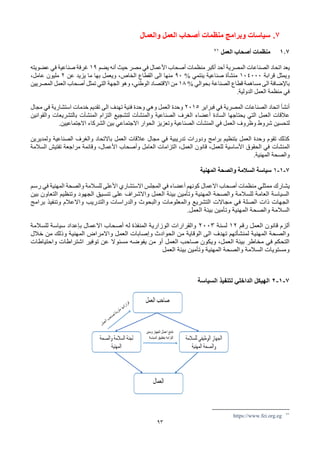 93
7
.
‫والعمال‬ ‫العمل‬ ‫أصحاب‬ ‫منظمات‬ ‫وبرامج‬ ‫سياسات‬
1.7
‫العمل‬ ‫أصحاب‬ ‫منظمات‬
71
‫يعد‬
‫اتحاد‬
‫يضم‬ ‫أنه‬ ‫حيث‬ ‫مصر‬ ‫في‬ ‫األعمال‬ ‫أصحاب‬ ‫منظمات‬ ‫أكبر‬ ‫أحد‬ ‫المصرية‬ ‫الصناعات‬
19
‫عضويته‬ ‫في‬ ‫صناعية‬ ‫غرفة‬
‫قرابة‬ ‫ويمثل‬
104000
% ‫ينتمي‬ ‫صناعية‬ ‫منشأة‬
90
‫عن‬ ‫يزيد‬ ‫ما‬ ‫بها‬ ‫ويعمل‬ ،‫الخاص‬ ‫القطاع‬ ‫الى‬ ‫منها‬
2
،‫عامل‬ ‫مليون‬
‫الصناعة‬ ‫قطاع‬ ‫مساهمة‬ ‫الى‬ ‫باإلضافة‬
% ‫بحوالي‬
18
‫وهو‬ ،‫الوطني‬ ‫االقتصاد‬ ‫من‬
‫الجهة‬
‫المصريين‬ ‫العمل‬ ‫أصحاب‬ ‫تمثل‬ ‫التي‬
‫الدولية‬ ‫العمل‬ ‫منظمة‬ ‫في‬
.
‫فبراير‬ ‫في‬ ‫المصرية‬ ‫الصناعات‬ ‫اتحاد‬ ‫أنشأ‬
2015
‫مجال‬ ‫في‬ ‫استشارية‬ ‫خدمات‬ ‫تقديم‬ ‫الى‬ ‫تهدف‬ ‫فنية‬ ‫وحدة‬ ‫وهي‬ ‫العمل‬ ‫وحدة‬
‫و‬ ‫الصناعية‬ ‫الغرف‬ ‫أعضاء‬ ‫السادة‬ ‫يحتاجها‬ ‫التي‬ ‫العمل‬ ‫عالقات‬
‫المنشآت‬
‫التزام‬ ‫لتشجيع‬
‫المنشآت‬
‫والقوانين‬ ‫بالتشريعات‬
‫في‬ ‫العمل‬ ‫وظروف‬ ‫شروط‬ ‫لتحسين‬
‫المنشآت‬
.‫االجتماعيين‬ ‫الشركاء‬ ‫بين‬ ‫االجتماعي‬ ‫الحوار‬ ‫وتعزيز‬ ‫الصناعية‬
‫ولمديرين‬ ‫الصناعية‬ ‫والغرف‬ ‫باالتحاد‬ ‫العمل‬ ‫عالقات‬ ‫مجال‬ ‫في‬ ‫تدريبية‬ ‫ودورات‬ ‫برامج‬ ‫بتنظيم‬ ‫العمل‬ ‫وحدة‬ ‫تقوم‬ ‫كذلك‬
‫المنشآت‬
‫السالمة‬ ‫تفتيش‬ ‫مراجعة‬ ‫وقائمة‬ ،‫األعمال‬ ‫وأصحاب‬ ‫العامل‬ ‫التزامات‬ ،‫العمل‬ ‫قانون‬ ،‫للعمل‬ ‫األساسية‬ ‫الحقوق‬ ‫في‬
‫المهنية‬ ‫والصحة‬
.
7
-
1
-
1
‫المهنية‬ ‫والصحة‬ ‫السالمة‬ ‫سياسة‬
‫ممثلي‬ ‫يشارك‬
‫في‬ ‫المهنية‬ ‫والصحة‬ ‫للسالمة‬ ‫األعلى‬ ‫االستشاري‬ ‫المجلس‬ ‫في‬ ‫أعضاء‬ ‫كونهم‬ ‫االعمال‬ ‫أصحاب‬ ‫منظمات‬
‫رسم‬
‫بين‬ ‫التعاون‬ ‫وتنظيم‬ ‫الجهود‬ ‫تنسيق‬ ‫على‬ ‫واالشراف‬ ‫العمل‬ ‫بيئة‬ ‫وتأمين‬ ‫المهنية‬ ‫والصحة‬ ‫للسالمة‬ ‫العامة‬ ‫السياسة‬
‫برامج‬ ‫وتنفيذ‬ ‫واالعالم‬ ‫والتدريب‬ ‫والدراسات‬ ‫والبحوث‬ ‫والمعلومات‬ ‫التشريع‬ ‫مجاالت‬ ‫في‬ ‫الصلة‬ ‫ذات‬ ‫الجهات‬
.‫العمل‬ ‫بيئة‬ ‫وتأمين‬ ‫المهنية‬ ‫والصحة‬ ‫السالمة‬
‫رقم‬ ‫العمل‬ ‫قانون‬ ‫ألزم‬
12
‫لسنة‬
2003
‫للسالمة‬ ‫سياسة‬ ‫بإعداد‬ ‫االعمال‬ ‫أصحاب‬ ‫له‬ ‫المنفذة‬ ‫الوزارية‬ ‫والقرارات‬
‫خالل‬ ‫من‬ ‫وذلك‬ ‫المهنية‬ ‫واالمراض‬ ‫العمل‬ ‫وإصابات‬ ‫الحوادث‬ ‫من‬ ‫الوقاية‬ ‫الى‬ ‫تهدف‬ ‫لمنشأتهم‬ ‫المهنية‬ ‫والصحة‬
‫مسئو‬ ‫يفوضه‬ ‫من‬ ‫أو‬ ‫العمل‬ ‫صاحب‬ ‫ويكون‬ ،‫العمل‬ ‫بيئة‬ ‫مخاطر‬ ‫في‬ ‫التحكم‬
‫اشتراطات‬ ‫توفير‬ ‫عن‬ ‫ال‬
‫واحتياطات‬
‫العمل‬ ‫بيئة‬ ‫وتأمين‬ ‫المهنية‬ ‫والصحة‬ ‫السالمة‬ ‫ومستويات‬
7
-
1
-
2
‫السياسة‬ ‫لتنفيذ‬ ‫الداخلي‬ ‫الهيكل‬
71
https://www.fei.org.eg
 