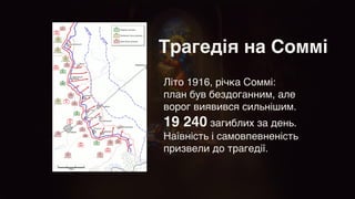 Трагедія на Соммі
Літо 1916, річка Соммі:
план був бездоганним, але
ворог виявився сильнішим.
19 240 загиблих за день.
Наївність і самовпевненість
призвели до трагедії.
 