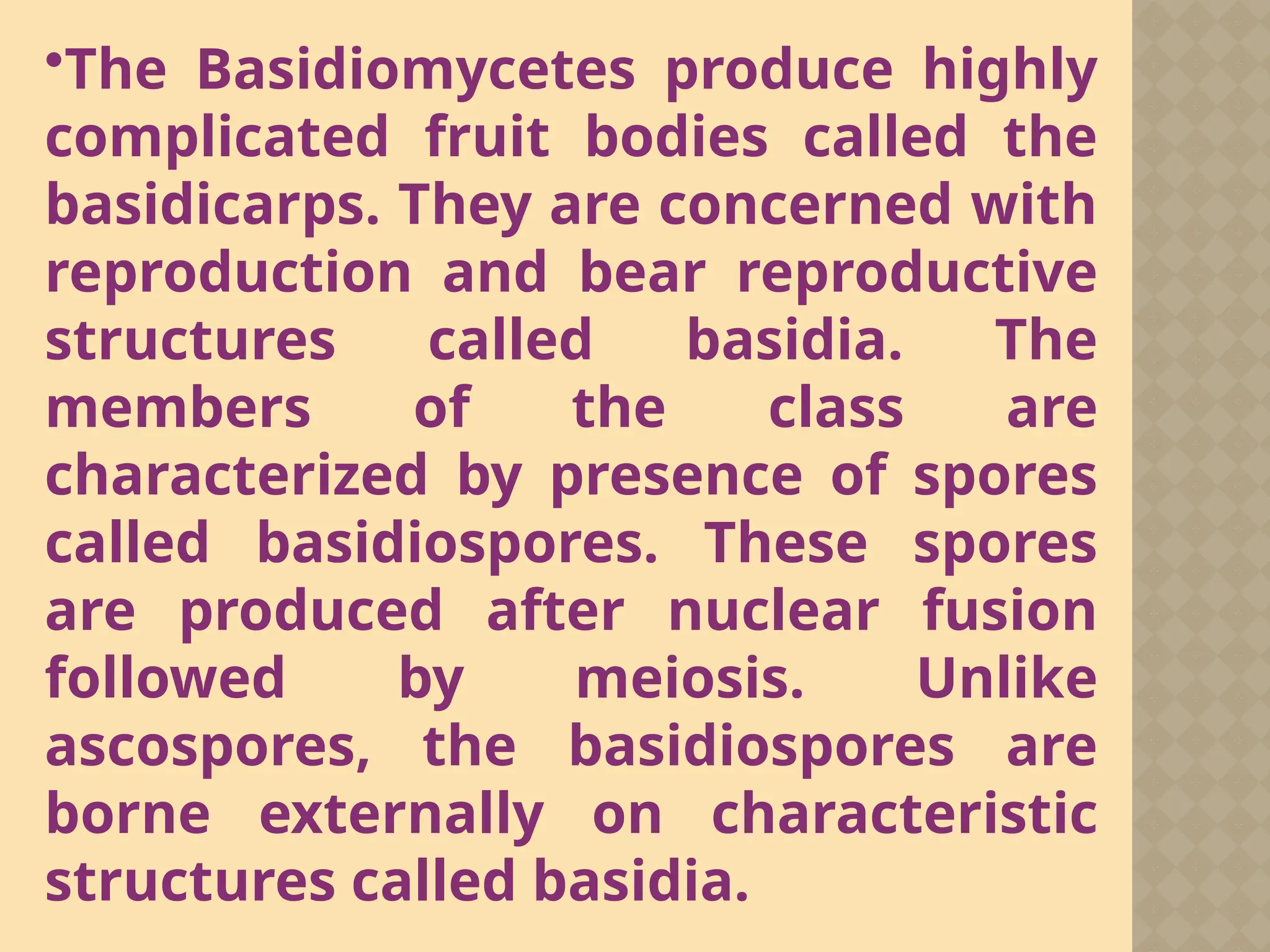 •The Basidiomycetes produce highly
complicated fruit bodies called the
basidicarps. They are concerned with
reproduction and bear reproductive
structures called basidia. The
members of the class are
characterized by presence of spores
called basidiospores. These spores
are produced after nuclear fusion
followed by meiosis. Unlike
ascospores, the basidiospores are
borne externally on characteristic
structures called basidia.
 