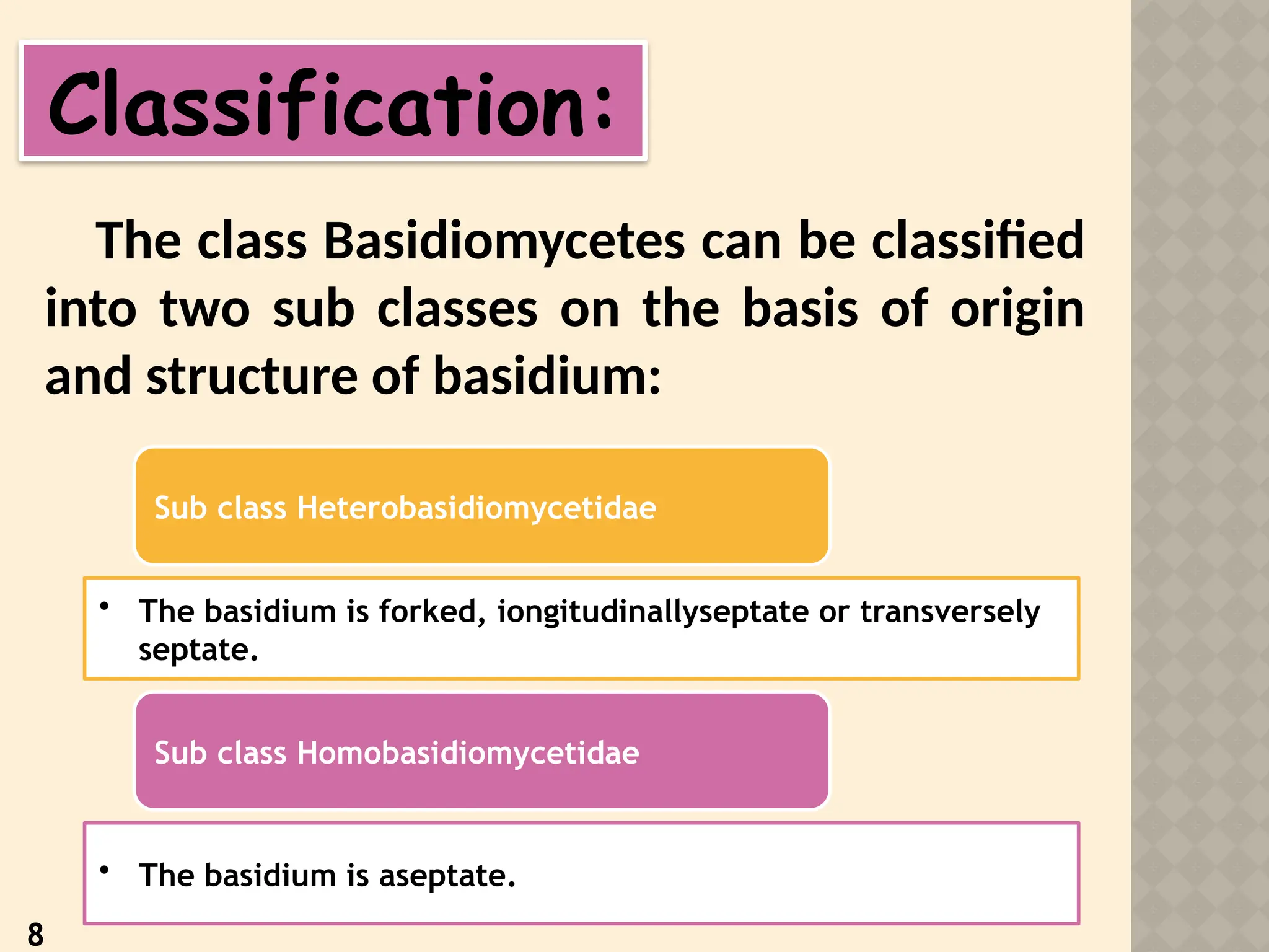 8
Classification:
The class Basidiomycetes can be classified
into two sub classes on the basis of origin
and structure of basidium:
Sub class Heterobasidiomycetidae
• The basidium is forked, iongitudinallyseptate or transversely
septate.
Sub class Homobasidiomycetidae
• The basidium is aseptate.
 