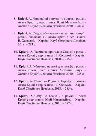 12
8. Крісті, А. Наприкінці приходить смерть : роман /
Агата Крісті ; пер. з англ. Юлії Максимейко. –
Харків : Клуб Сімейного Дозвілля, 2020. – 284 с.
9. Крісті, А. Свідок обвинувачення та інші історії :
роман, оповідання / Агата Крісті ; пер. з англ.
Н. Хаєцької. – Харків : Клуб Сімейного Дозвілля,
2018. – 283 с.
10. Крісті, А. Таємнича пригода в Стайлзі : роман /
Агата Крісті ; пер. з англ. Н. Хаєцької. – Харків :
Клуб Сімейного Дозвілля, 2020. – 285 с.
11. Крісті, А. Убивство на полі для гольфу : роман /
Агата Крісті ; пер. з англ. Антоніни Ящук. –
Харків : Клуб Сімейного Дозвілля, 2020. – 285 с.
12. Крісті, А. Убивство Роджера Екройда : роман /
Агата Крісті ; пер. з англ. Н. Хаєцької. – Харків :
Клуб Сімейного Дозвілля, 2018. – 285 с.
13. Крісті, А. Чому не Еванс ? : роман / Агата
Крісті ; пер. з англ. Юлії Максимейко. – Харків :
Клуб Сімейного Дозвілля, 2021. – 287 с.
 