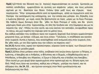 Πράξ 1,3 Μετά τον θάνατό του (ο Ιησούς) παρουσιάστηκε σε αυτούς ζωντανός με
πολλές αποδείξεις εμφανιζόταν σε αυτούς για σαράντα μέρες και τους μιλούσε
σχετικά με τη Βασιλεία του Θεού. Ενόσω ήταν μαζί τους και έτρωγε, τους
παράγγειλε: "Μην απομακρυνθείτε από τα Ιεροσόλυμα, αλλά να περιμένετε από τον
Πατέρα την εκπλήρωση της υπόσχεσης, για την οποία σας μίλησα ότι, δηλαδή, ενώ
ο Ιωάννης βάπτιζε με νερό, εσείς θα βαπτιστείτε σε λίγες μέρες με το Άγιο Πνεύμα.
Θα λάβετε όμως δύναμη όταν θα 'ρθει το Άγιο Πνεύμα σ' εσάς, και θα γίνετε
μάρτυρες δικοί μου στην Ιερουσαλήμ, σε όλη την Ιουδαία και στη Σαμάρεια και ως τα
πέρατα της γης". Μόλις τα είπε αυτά, και ενώ εκείνοι τον κοίταζαν, ανυψώθηκε προς
τα πάνω, και μια νεφέλη τον έκρυψε από τα μάτια τους.
Και καθώς κοίταζαν που ανέβαινε προς τον ουρανό, ξαφνικά δυο άντρες εμφανίστηκαν
μπροστά τους, με άσπρο ένδυμα, και τους είπαν: "Γαλιλαίοι, τι σταθήκατε και κοιτάτε
στον ουρανό; Αυτός ο Ιησούς, που αναλήφθηκε από ανάμεσά σας στον ουρανό, έτσι
θα 'ρθει πάλι, με τον ίδιο τρόπο που τον είδατε να πηγαίνει εκεί".
Λκ 24,52 Αυτοί τότε, αφού τον προσκύνησαν, γύρισαν (από το όρος των Ελαιών) στην
Ιερουσαλήμ με μεγάλη χαρά.
Πραξ 1,13 Και όταν μπήκαν στην πόλη, ανέβηκαν στο ανώγιόπου έμεναν: ο Πέτρος, ο
Ιωάννης, ο Ιάκωβος και ο Ανδρέας, ο Φίλιππος και ο Θωμάς, ο Βαρθολομαίος και ο
Ματθαίος, ο Ιάκωβος του Αλφαίου, ο Σίμων ο Ζηλωτής και ο Ιούδας του Ιακώβου.
Όλοι αυτοί με μια ψυχή ήταν αφοσιωμένοι στην προσευχή και τη δέηση προς τον
Θεό. Μαζί τους ήταν και γυναίκες, καθώς και η Μαρία, μητέρα του Ιησού, και τα
αδέρφια του. Λκ 24, 53 ... και έμεναν συνεχώς στον Ναό υμνολογώντας και
δοξολογώντας τον Θεό.
 
