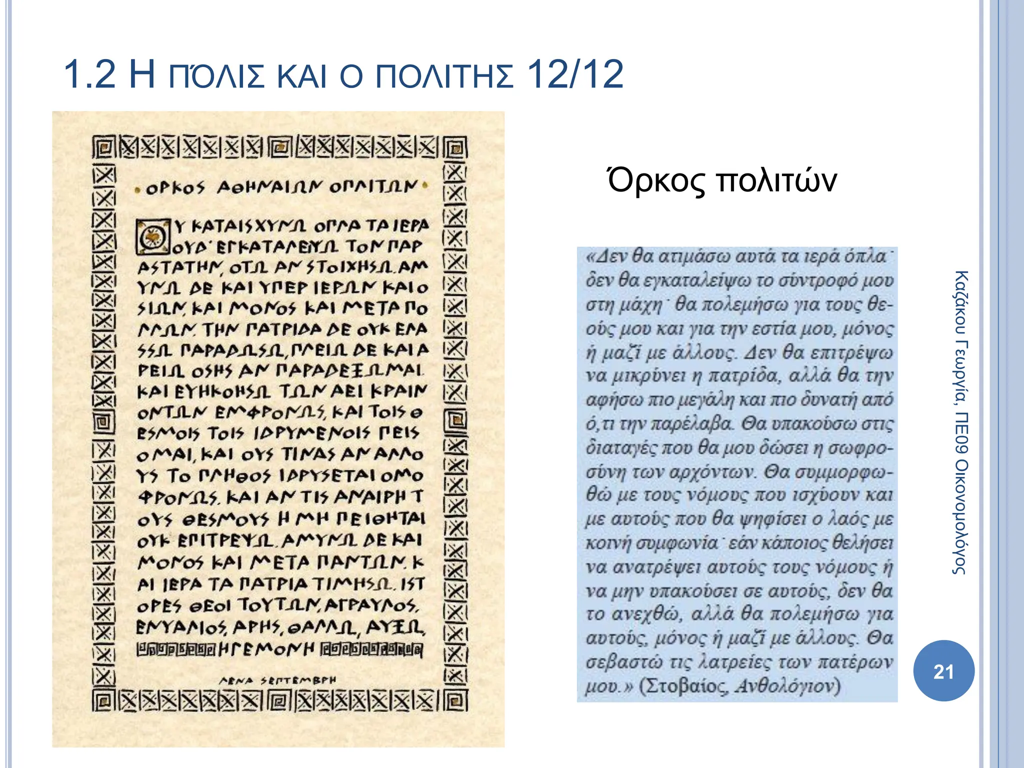 1.2 Η ΠΌΛΙΣ ΚΑΙ Ο ΠΟΛΙΤΗΣ 12/12
Όρκος πολιτών
21
Καζάκου
Γεωργία,
ΠΕ09
Οικονομολόγος
 