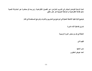 - 33 -
‫ا‬
‫لمدة‬
‫الزمنية‬
‫للتواصل‬
‫المباشر‬
‫في‬
‫التدريب‬
‫المتزامن‬
:
‫عبر‬
‫الفصول‬
،‫االفتراضية‬
‫زمن‬
‫بعد‬
‫كل‬
‫محاضرة‬
‫عبر‬
‫المشاركة‬
‫النصية‬
‫داخل‬
‫القاعة‬
‫االفتراضية‬
‫أو‬
‫المداخلة‬
‫الصوتية‬
‫آخر‬
‫عشر‬
‫دقائق‬
‫توضيح‬
‫آللية‬
‫تنفيذ‬
‫األنشطة‬
‫العملية‬
‫في‬
‫البرنامج‬
‫مع‬
‫المتدربين‬
‫واألدوات‬
‫والبرامج‬
‫المستخدمة‬
‫في‬
‫ذلك‬
:
‫تمارين‬
‫تفاعلية‬
‫أثناء‬
‫الدورة‬
‫أنشطة‬
‫في‬
‫كل‬
‫من‬
‫محاور‬
‫الدورة‬
‫الرئيسية‬
‫تقييم‬
‫ذاتي‬
‫مدير‬
‫المعهد‬
‫المطيري‬ ‫عويض‬ ‫أحمد‬
 