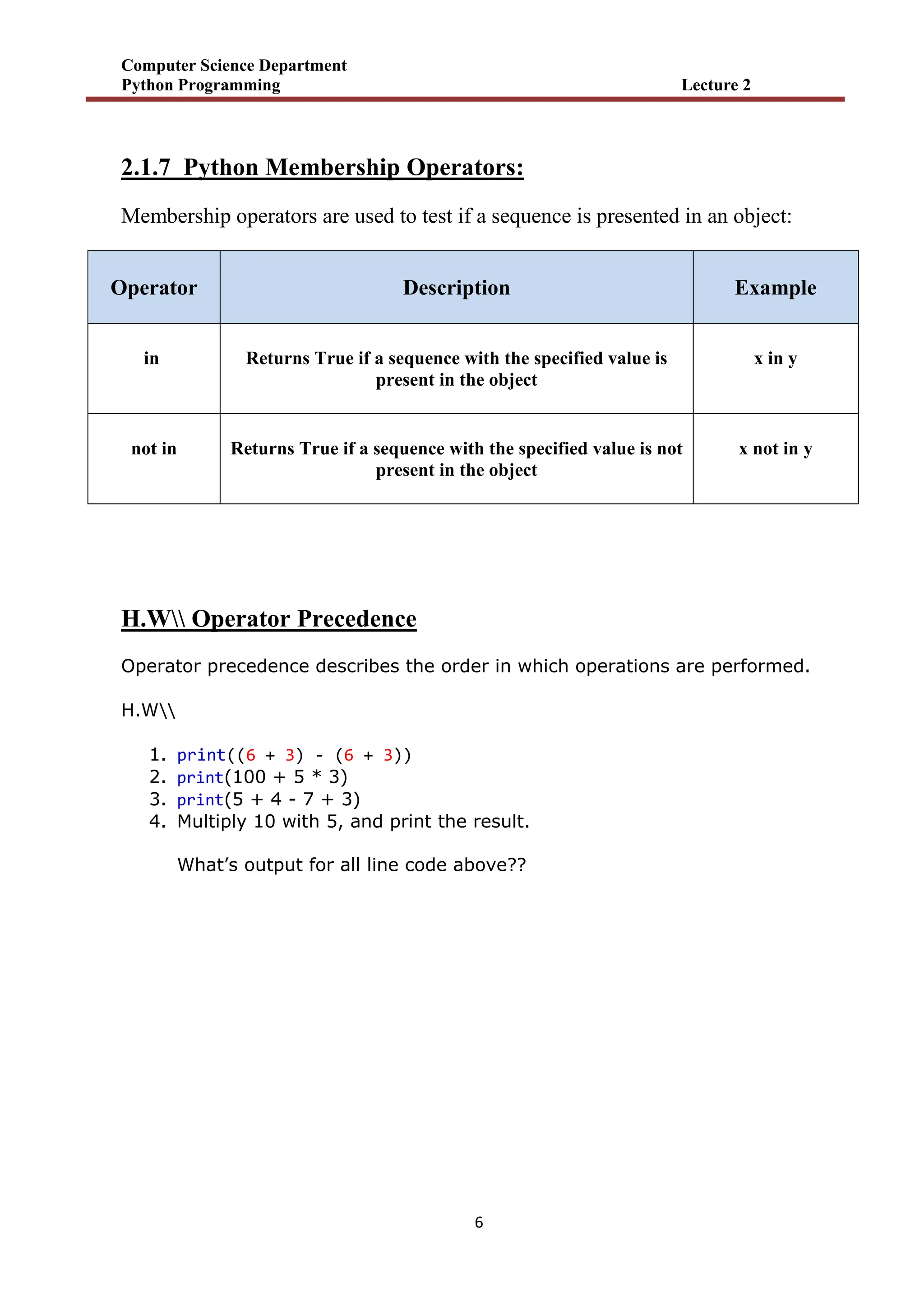 Computer Science Department
Python Programming Lecture 2
6
2.1.7 Python Membership Operators:
Membership operators are used to test if a sequence is presented in an object:
Operator Description Example
in Returns True if a sequence with the specified value is
present in the object
x in y
not in Returns True if a sequence with the specified value is not
present in the object
x not in y
H.W Operator Precedence
Operator precedence describes the order in which operations are performed.
H.W
1. print((6 + 3) - (6 + 3))
2. print(100 + 5 * 3)
3. print(5 + 4 - 7 + 3)
4. Multiply 10 with 5, and print the result.
What’s output for all line code above??
 