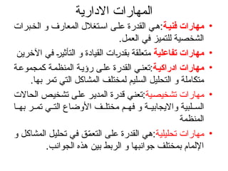 ‫االدارية‬ ‫المهارات‬
•
‫ة‬‫فني‬ ‫مهارات‬
‫برات‬‫الخ‬ ‫و‬ ‫المعارف‬ ‫تغالل‬‫اس‬ ‫ى‬‫عل‬ ‫القدرة‬ ‫ي‬‫ه‬:
.‫العمل‬ ‫في‬ ‫للتميز‬ ‫الشخصية‬
•
‫تفاعلية‬ ‫مهارات‬
‫اآلخرين‬ ‫في‬ ‫التأثير‬ ‫و‬ ‫القيادة‬ ‫بقدرات‬ ‫متعلقة‬
•
‫ة‬‫ادراكي‬ ‫مهارات‬
‫ة‬‫كمجموع‬ ‫ة‬‫المنظم‬ ‫ة‬‫رؤي‬ ‫ى‬‫عل‬ ‫القدرة‬ ‫ي‬‫تعن‬:
.‫بها‬ ‫تمر‬ ‫التي‬ ‫المشاكل‬ ‫لمختلف‬ ‫السليم‬ ‫التحليل‬ ‫و‬ ‫متكاملة‬
•
‫تشخيصية‬ ‫مهارات‬
‫الحاالت‬ ‫تشخيص‬ ‫على‬ ‫المدير‬ ‫قدرة‬ ‫تعني‬:
‫ا‬ ‫به‬ ‫ر‬ ‫تم‬ ‫ي‬ ‫الت‬ ‫األوضاع‬ ‫ف‬ ‫مختل‬ ‫م‬ ‫فه‬ ‫و‬ ‫ة‬ ‫وااليجابي‬ ‫لبية‬ ‫الس‬
‫المنظمة‬
•
‫تحليلية‬ ‫مهارات‬
‫و‬ ‫المشاكل‬ ‫تحليل‬ ‫في‬ ‫ق‬ّ
‫م‬‫التع‬ ‫على‬ ‫القدرة‬ ‫هي‬:
.‫الجوانب‬ ‫هذه‬ ‫بين‬ ‫الربط‬ ‫و‬ ‫جوانبها‬ ‫بمختلف‬ ‫اإللمام‬
 