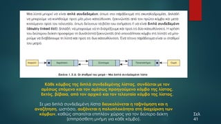 Κάθε κόμβος της διπλά συνδεδεμένης λίστας, συνδέεται με τον
αμέσως επόμενο και τον αμέσως προηγούμενο κόμβο της λίστας.
Εκτός, βέβαια, από τον αρχικό και τον τελευταίο κόμβο της λίστας.
Σε μια διπλά συνδεδεμένη λίστα διευκολύνεται η ταξινόμηση και η
αναζήτηση, ωστόσο, αυξάνεται η πολυπλοκότητα στη διαχείριση των
κόμβων, καθώς απαιτείται επιπλέον χώρος για τον δεύτερο δείκτη
(επιπρόσθετη μνήμη για κάθε κόμβο).
Σελ
41
 