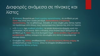 Διαφορές ανάμεσα σε πίνακες και
λίστες
1. O πίνακας θεωρείται μια δομή τυχαίας προσπέλασης, σε αντίθεση με μια
λίστα που είναι στην ουσία μια δομή ακολουθιακής ή σειριακής
προσπέλασης. Για να φθάσουμε, δηλαδή, σ’ έναν κόμβο μιας λίστας πρέπει
να περάσουμε από όλους τους προηγούμενους ξεκινώντας από τον πρώτο.
2. • O πίνακας έχει σταθερό μέγεθος, το οποίο δηλώνεται εξαρχής κατά την
υλοποίηση. Αυτό γίνεται, διότι ο πίνακας είναι στατική δομή δεδομένων σε
αντίθεση με τη λίστα που είναι δυναμική δομή και το μέγεθός της μπορεί να
μεταβάλλεται καθώς εισέρχονται νέοι κόμβοι στη λίστα ή διαγράφονται
κάποιοι άλλοι.
3. Oι κόμβοι της λίστας αποθηκεύονται σε μη συνεχόμενες θέσεις μνήμης σε
αντιδιαστολή με τους πίνακες, όπου τα στοιχεία αποθηκεύονται σε
συνεχόμενες θέσεις μνήμης
 