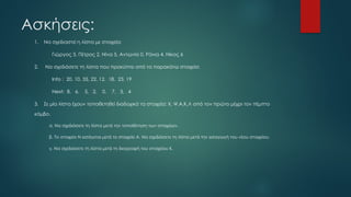 Ασκήσεις:
1. Να σχεδιαστεί η λίστα με στοιχεία:
Γιώργος 3, Πέτρος 2, Νίνα 5, Αντωνία 0, Ράνια 4, Νίκος 6
2. Να σχεδιάσετε τη λίστα που προκύπτει από τα παρακάτω στοιχεία:
Info : 20, 10, 35, 22, 12, 18, 23, 19
Next: 8, 6, 5, 2, 0, 7, 3, 4
3. Σε μία λίστα έχουν τοποθετηθεί διαδοχικά τα στοιχεία: Χ, Ψ,Α,Κ,Λ από τον πρώτο μέχρι τον πέμπτο
κόμβο.
α. Να σχεδιάσετε τη λίστα μετά την τοποθέτηση των στοιχείων.
β. Το στοιχείο Ν εισάγεται μετά το στοιχείο Α. Να σχεδιάσετε τη λίστα μετά την εισαγωγή του νέου στοιχείου.
γ. Να σχεδιάσετε τη λίστα μετά τη διαγραφή του στοιχείου Κ.
 