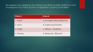 Να γράψετε τους αριθμούς της στήλης Α και δίπλα σε κάθε αριθμό ένα από
τα γράμματα της στήλης Β ώστε να προκύπτει η σωστή αντιστοίχιση.
Στήλη Α Στήλη Β
1. Ουρά α. Δυναμική Δομή Δεδομένων
2. Λίστα β. Τυχαία προσπέλαση
3. Στοίβα γ. Ώθηση - Απώθηση
4. Πίνακας δ. Εισαγωγή - Εξαγωγή
 