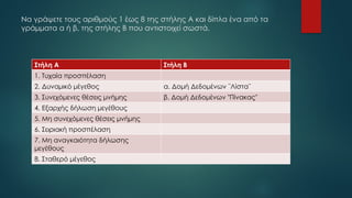 Να γράψετε τους αριθμούς 1 έως 8 της στήλης Α και δίπλα ένα από τα
γράμματα α ή β, της στήλης Β που αντιστοιχεί σωστά.
Στήλη Α Στήλη Β
1. Τυχαία προσπέλαση
2. Δυναμικό μέγεθος α. Δομή Δεδομένων ¨Λίστα¨
3. Συνεχόμενες θέσεις μνήμης β. Δομή Δεδομένων "Πίνακας"
4. Εξαρχής δήλωση μεγέθους
5. Μη συνεχόμενες θέσεις μνήμης
6. Σειριακή προσπέλαση
7. Μη αναγκαιότητα δήλωσης
μεγέθους
8. Σταθερό μέγεθος
 