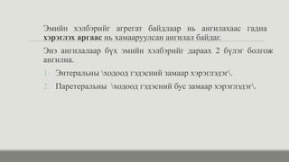 Эмийн хэлбэрийг агрегат байдлаар нь ангилахаас гадна
хэрэглэх аргаас нь хамааруулсан ангилал байдаг.
Энэ ангилалаар бүх эмийн хэлбэрийг дараах 2 бүлэг болгож
ангилна.
1. Энтеральны ходоод гэдэсний замаар хэрэглэдэг.
2. Паретеральны ходоод гэдэсний бус замаар хэрэглэдэг.
 