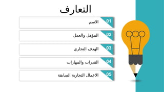 ‫التعارف‬
02
01
‫االسم‬
02
‫والعمل‬ ‫المؤهل‬
03
‫التجاري‬ ‫الهدف‬
04
‫والمهارات‬ ‫القدرات‬
05
‫السابقة‬ ‫التجارية‬ ‫االعمال‬
 