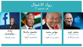 ‫االعمال‬ ‫رواد‬
‫؟؟‬ ‫رفهم‬G
‫ع‬‫ت‬ ‫هل‬
‫جوبز‬ ‫ستيف‬
‫االتصاالت‬ ‫رائد‬
‫آبل‬ ‫شركة‬ ‫مؤسس‬
‫محمد‬ ‫مهاتير‬
‫التنمية‬ ‫رائد‬
‫ماليزيا‬ ‫وزراء‬ ‫رئيس‬
‫مانديال‬ ‫نيلسون‬
‫الحرية‬ ‫رائد‬
‫افريقيا‬ ‫جنوب‬ ‫زعيم‬
‫مارك‬
‫زوكربيرج‬
‫االجتماعي‬ ‫التواصل‬ ‫رائد‬
‫فيسبوك‬ ‫مؤسس‬
 