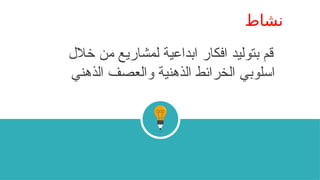 ‫نشاط‬
‫خالل‬ ‫من‬ ‫لمشاريع‬ ‫ابداعية‬ ‫افكار‬ ‫بتوليد‬ ‫قم‬
‫الذهني‬ ‫والعصف‬ ‫الذهنية‬ ‫الخرائط‬ ‫اسلوبي‬
 