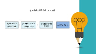 ω ήθ Ύα ΃
έ
ϭ Ϥ
ϟ
ϝ ϣ
=
ΕΎ Η ΎΗ
Ϙ
ϔ
ϭ ϒϴ
ϟ Ϝ
β γ΄Θ
ϴ ϟ
+
έΎΜ
Θ
γ ϝΎ
Ϥ
ϟ
΍
α ΃
έ
ϱ Ϥ Ϥ
)Δ
Θ
Α
Ύ
Μ λ
ϟ
ϝϮ Ϸ (
+
Ύ
ό ϝΎ
Ϥ
ϟ
΍
α ΃
έ
Ϟϣ Ϥ
) θΘ
ΕΎ
Ϟϴ
ϐ ϟ Ϙ
ϔ
ϧ(
‫للمشروع‬ ‫الالزم‬ ‫المال‬ ‫رأس‬ ‫تقدير‬
 