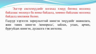 Эдгээр системүүдийг ялгахад хэцүү бөгөөд коллоид
байдлаас молекул ба ионы байдалд, хөвмөл байдлаас коллоид
байдалд шилжиж болно.
Гадуур хэрэглэх зориулалттай шингэн эмүүдийг шавшлага,
жин тавих шингэн /компресс/, зайлах, угаах, арчих,
бургуйдах шингэн, дусаалга гэж ангилна.
 
