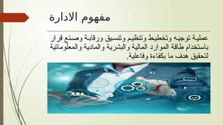 ‫االدارة‬ ‫مفهوم‬
‫قرار‬ ‫نع‬‫وص‬ ‫ة‬‫ورقاب‬ ‫يق‬‫وتنس‬ ‫م‬‫وتنظي‬ ‫ط‬‫وتخطي‬ ‫ه‬‫توجي‬ ‫ة‬‫عملي‬
‫والمعلوماتية‬ ‫والمادية‬ ‫والبشرية‬ ‫المالية‬ ‫الموارد‬ ‫طاقة‬ ‫باستخدام‬
.‫وفاعلية‬ ‫بكفاءة‬ ‫ما‬ ‫هدف‬ ‫لتحقيق‬
 