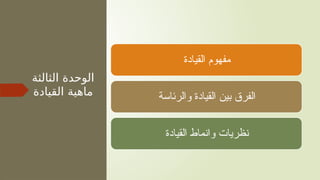 ‫الثالثة‬ ‫الوحدة‬
‫القيادة‬ ‫ماهية‬
‫القيادة‬ ‫مفهوم‬
‫والرئاسة‬ ‫القيادة‬ ‫بين‬ ‫الفرق‬
‫القيادة‬ ‫وانماط‬ ‫نظريات‬
 