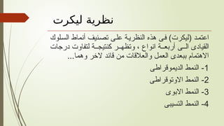 ‫ليكرت‬ ‫نظرية‬
‫السلوك‬ ‫أنماط‬ ‫تصنيف‬ ‫على‬ ‫النظرية‬ ‫هذه‬ ‫فى‬ )‫(ليكرت‬ ‫اعتمد‬
‫درجات‬ ‫لتفاوت‬ ‫ة‬ ‫كنتيج‬ ‫ر‬ ‫وتظه‬ ، ‫انواع‬ ‫ة‬ ‫أربع‬ ‫ى‬ ‫ال‬ ‫القيادى‬
...‫وهما‬ ‫الخر‬ ‫قائد‬ ‫من‬ ‫والعالقات‬ ‫العمل‬ ‫ببعدى‬ ‫االهتمام‬
1
‫الديموقراطى‬ ‫النمط‬ -
2
‫االوتوقراطى‬ ‫النمط‬ -
3
‫االبوى‬ ‫النمط‬ -
4
‫التسيبى‬ ‫النمط‬ -
 