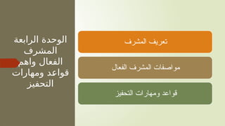 ‫الرابعة‬ ‫الوحدة‬
‫المشرف‬
‫واهم‬ ‫الفعال‬
‫ومهارات‬ ‫د‬N
‫ع‬‫قوا‬
‫التحفيز‬
‫المشرف‬ ‫تعريف‬
‫الفعال‬ ‫المشرف‬ ‫مواصفات‬
‫التحفيز‬ ‫ومهارات‬ ‫قواعد‬
 