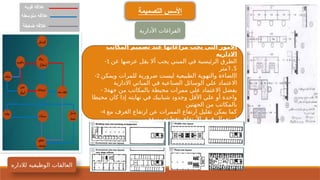 ‫التصميمة‬ ‫األسس‬
‫األدارية‬ ‫الفراغات‬
‫المكاتب‬ ‫تصميم‬ ‫عند‬ ‫مراعاتها‬ ‫يجب‬ ‫التي‬ ‫األمور‬
‫االداريه‬
-1 ‫عن‬ ‫عرضها‬ ‫يقل‬ ‫أال‬ ‫يجب‬ ‫المبني‬ ‫في‬ ‫الرئيسية‬ ‫الطرق‬
1.5
‫متر‬
-2 ‫ويمكن‬ ‫للمرات‬ ‫ضرورية‬ ‫ليست‬ ‫الطبيعية‬ ‫والتهوية‬ ‫اإلضاءة‬
‫االدارية‬ ‫المباني‬ ‫في‬ ‫الصناعية‬ ‫الوسائل‬ ‫علي‬ ‫االعتماد‬
- 3‫جهة‬ ‫من‬ ‫بالمكاتب‬ ‫محيطة‬ ‫ممرات‬ ‫علي‬ ‫االعتماد‬ ‫يفضل‬
‫محيطا‬ ‫كان‬ ‫إذا‬ ‫نهايته‬ ‫في‬ ‫شبابيك‬ ‫وجدود‬ ‫األقل‬ ‫علي‬ ‫أو‬ ‫واحدة‬
‫الجهتين‬ ‫من‬ ‫بالمكاتب‬
-4 ‫مع‬ ‫الغرف‬ ‫ارتفاع‬ ‫عن‬ ‫الممرات‬ ‫ارتفاع‬ ‫تقليل‬ ‫يمكن‬ ‫كما‬
‫بسقف‬ ‫بتغطيته‬ ‫األرتفاع‬ ‫فرق‬ ‫استعمال‬
‫لالداره‬ ‫الوظيفيه‬ ‫العالقات‬
 