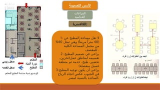 ‫التصميمة‬ ‫األسس‬
‫الفراغات‬
‫الخدامية‬
‫الكافيتريا‬:
1- ‫عن‬ ‫المطبخ‬ ‫مساحة‬ ‫تقل‬ ‫ال‬
(
40
)
‫تمثل‬ ‫وهي‬ ً‫مربعا‬ ً‫مترا‬
40
%
‫الكلية‬ ‫المساحة‬ ‫مجمل‬ ‫من‬
‫للمقصف‬ .
2 -‫المطبخ‬ ‫تصميم‬ ‫في‬ ‫يراعى‬
(
،‫تخزين‬ ‫عمل‬ ‫لمناطق‬ ‫تقسيمه‬
‫منطقة‬ ‫ثم‬ ‫خدمة‬ ،‫طبخ‬ ،‫تحضير‬
)‫منفصلة‬ ‫غسيل‬
3-‫المطبخ‬ ‫توجيه‬ ‫يكون‬ ‫أن‬ ‫يراعى‬
‫الرياح‬ ‫اتجاه‬ ‫عكس‬ ‫الجنوب‬ ‫في‬
‫لمصر‬ ‫بالنسبة‬ ‫السائدة‬.
 