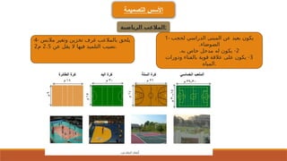 ‫التصميمة‬ ‫األسس‬
‫الرياضية‬ ‫المالعب‬:
1- ‫لحجب‬ ‫الدراسي‬ ‫المبنى‬ ‫عن‬ ‫بعيد‬ ‫يكون‬
.‫الضوضاء‬
2
. -
‫به‬ ‫خاص‬ ‫مدخل‬ ‫له‬ ‫يكون‬
3
-
‫ودورات‬ ‫بالفناء‬ ‫قوية‬ ‫عالقة‬ ‫على‬ ‫يكون‬
‫المياه‬.
4- ‫مالبس‬ ‫وتغير‬ ‫تخزين‬ ‫غرف‬ ‫بالمالعب‬ ‫يلحق‬
‫عن‬ ‫يقل‬ ‫ال‬ ‫فيها‬ ‫التلميذ‬ ‫نصيب‬
2.5
‫م‬
2 .
 