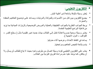 15

‫التعليمي‬ ‫التلفزيون‬
:
•
.‫البشر‬ ‫أغلبية‬ ‫لدى‬ ‫وشائعة‬ ‫مألوفة‬ ‫وسيلة‬ ‫عتبر‬ُ
‫ي‬
•
‫*معقدة‬‫ل‬‫ا‬ ‫*م‬*‫المفاهي‬ ‫*ح‬*‫توضي‬ ‫*ى‬*‫عل‬ ‫*اعد‬*‫ويس‬ ،‫والمرئيات‬ ‫*ة‬*‫*لحرك‬‫ا‬‫و‬ ‫*وات‬*‫األص‬ ‫*ن‬*‫م‬ ‫*ل‬*‫ك‬ ‫*ن‬*‫بي‬ ‫التلفزيون‬ ‫*ع‬*‫يجم‬
.‫والمجردة‬
•
‫*د‬‫ي‬‫يز‬ ‫*ا‬‫م‬‫ب‬ ‫*ة‬‫ي‬‫الميدان‬ ‫والزيارات‬ ‫*ة‬‫ي‬‫التوضيح‬ ‫والعروض‬ ‫*ة‬‫ي‬‫والعمل‬ ‫*ة‬‫ي‬‫التطبيق‬ ‫*ب‬‫ن‬‫بالجوا‬ ‫*ة‬‫ي‬‫النظر‬ ‫*ب‬‫ن‬‫الجوا‬ ‫*ط‬‫ب‬‫ير‬
.‫المقدمة‬ ‫التعليمية‬ ‫البرامج‬ ‫فاعلية‬ ‫من‬
•
– ‫القم*ر‬ ‫س*طح‬ ( ‫مث*ل‬ ‫تقليدي*ة‬ ‫غي*ر‬ ‫جديدة‬ ‫بيئات‬ ‫الطالب‬ ‫إل*ى‬ ‫تنق*ل‬ ‫فعال*ة‬ ‫بص*رية‬ ‫س*معية‬ ‫وس*يلة‬ ‫يعت*بر‬
.) ‫االجنبية‬ ‫الدول‬ – ‫الكواكب‬
•
.‫حدوثها‬ ‫أثناء‬ ‫وعرضها‬ ‫األحداث‬ ‫التقاط‬ ‫في‬ ‫يساعد‬
•
.‫ومراجعتها‬ ‫المفاهيم‬ ‫تلخيص‬ ‫بإتاحة‬ ‫يتسم‬

‫وال‬ ‫*أل‬‫س‬‫ي‬ ‫*ن‬‫أ‬ ‫*ب‬‫ل‬‫للطا‬ ‫يتاح‬ ‫ال‬ ‫*ث‬‫ي‬‫بح‬ ‫ٍ؛‬
‫د‬‫واح‬ ٍ
*‫ف‬‫طر‬ ‫*ن‬‫م‬ ‫*ال‬‫ص‬‫ات‬ ‫*يلة‬‫س‬‫و‬ ‫*ه‬‫ن‬‫كو‬ ‫*ي‬‫م‬‫التعلي‬ ‫التلفزيون‬ ‫*ى‬‫ل‬‫ع‬ ‫يعاب‬
.‫الطالب‬ ‫بين‬ ‫الفردية‬ ‫الفروق‬ ‫مراعاة‬ ‫عدم‬ ‫عليه‬ ‫ذ‬ َ
‫يؤخ‬ ‫كما‬ ،‫يناقش‬ ‫أن‬
 