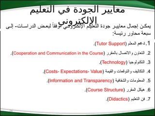 ‫التعليم‬ ‫في‬ ‫الجودة‬ ‫معايير‬
‫اإللكتروني‬
24
‫*ى‬*‫إل‬ -‫*ات‬*‫الدراس‬ ‫*ض‬*‫لبع‬ ً‫ا‬‫وفق‬- ‫*ي‬*‫اإللكترون‬ ‫*م‬*‫التعلي‬ ‫جودة‬ ‫*ر‬*‫معايي‬ ‫إجمال‬ ‫*ن‬*‫يمك‬
:‫رئيسة‬ ‫محاور‬ ‫سبعة‬
.1
‫دعم‬
( ‫المعلم‬
Tutor Support
.)
.2
( ‫بالمقرر‬ ‫واالتصال‬ ‫التعاون‬
Cooperation and Communication in the Course
.)
.3
( ‫التكنولوجيا‬
Technology
.)
.4
( ‫والقيمة‬ ‫والتوقعات‬ ‫التكاليف‬
Costs- Expectations- Value
.)
.5
( ‫والشفافية‬ ‫المعلومات‬
Information and Transparency
.)
.6
( ‫المقرر‬ ‫هيكل‬
Course Structure
.)
.7
( ‫التعليم‬ ‫فن‬
Didactics
.)
 