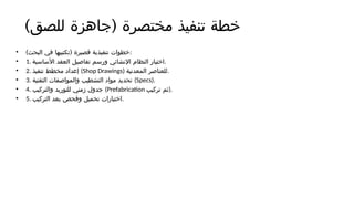 ) (
‫للصق‬ ‫جاهزة‬ ‫مختصرة‬ ‫تنفيذ‬ ‫خطة‬
• ) (
‫البحث‬ ‫في‬ ‫تكتبيها‬ ‫قصيرة‬ ‫تنفيذية‬ ‫خطوات‬:
• 1. ‫األساسية‬ ‫العقد‬ ‫تفاصيل‬ ‫ورسم‬ ‫اإلنشائي‬ ‫النظام‬ ‫اختيار‬.
• 2. ‫تنفيذ‬ ‫مخطط‬ (
‫د‬‫إعدا‬ (Shop Drawings) ‫المعدنية‬ ‫للعناصر‬.
• 3. ‫التقنية‬ ‫والمواصفات‬ ‫التشطيب‬ ‫مواد‬ ‫تحديد‬ (Specs).
• 4. ‫والتركيب‬ ‫للتوريد‬ ‫زمني‬ ‫جدول‬ (Prefabrication ‫تركيب‬ ‫)ثم‬.
• 5. ‫التركيب‬ ‫بعد‬ ‫وفحص‬ ‫تحميل‬ ‫اختبارات‬.
 