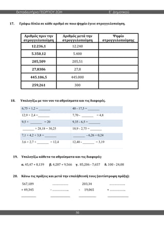 Εκπαιδευτήρια ΓΕΩΡΓΙΟΥ ΖΩΗ E΄ Δημοτικού
50
17. Γράφω δίπλα σε κάθε αριθμό σε ποιο ψηφίο έγινε στρογγυλοποίηση.
Αριθμός πριν την
στρογγυλοποίηση
Αριθμός μετά την
στρογγυλοποίηση
Ψηφίο
στρογγυλοποίησης
12.236,1 12.240
5.350,12 5.400
205,509 205,51
27,8306 27,8
445.106,5 445.000
259,261 300
18. Υπολογίζω με τον νου τα αθροίσματα και τις διαφορές.
6,75 + 1,2 = _______ 40 - 17,5 = _______
12,9 + 2,4 =_______ 7,70 - _______ = 4,8
9,5 + _______ = 20 9,35 - 6,5 = _______
_______ + 28,18 = 30,25 18,9 - 2,75 = _______
7,1 + 4,2 + 3,8 = _______ _______ - 6,26 = 0,24
3,6 + 2,7 + _______ = 12,4 12,40 - _______ = 3,19
19.
20.
Υπολογίζω κάθετα τα αθροίσματα και τις διαφορές:
α. 45,47 + 8,139 β. 4,287 + 9,566 γ. 85,206 - 7,657 δ. 100 - 24,08
Κάνω τις πράξεις και μετά την επαλήθευσή τους (αντίστροφη πράξη):
567,189 .……………… 203,34 ……………….
+ 49,345 - ……………….. - 19,065 + ……………….
____________ ________________ ______________ _________________
 