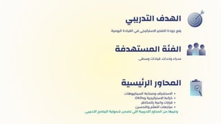 ‫التدريبي‬ ‫الهدف‬
.‫وسطى‬ ‫قيادات‬ ،‫وحدات‬ ‫مدراء‬
‫المستهدفة‬ ‫الفئة‬
.‫السيناريوهات‬ ‫وصناعة‬ ‫االستشراف‬
.OKRs‫و‬ ‫االستراتيجية‬ ‫خرائط‬
.‫بالمخاطر‬ ‫واعية‬ ‫قرارات‬
.‫والتحسين‬ ‫م‬‫ّل‬‫التع‬ ‫مراجعات‬
.‫التدريبي‬ ‫البرنامج‬ ‫شمولية‬ ‫تضمن‬ ‫اللي‬ ‫التدريبية‬ ‫المحاور‬ ‫من‬ ‫وغيرها‬
‫يسية‬‫ئ‬‫الر‬ ‫المحاور‬
.‫اليومية‬ ‫القيادة‬ ‫في‬ ‫االستراتيجي‬ ‫التفكير‬ ‫جودة‬ ‫رفع‬
 
