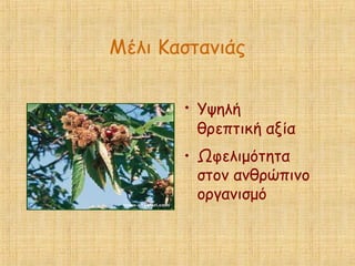 Μέλι Καστανιάς
• Υψηλή
θρεπτική αξία
• Ωφελιμότητα
στον ανθρώπινο
οργανισμό
 