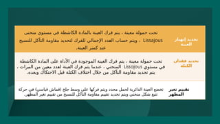 ‫مستو‬ ‫في‬ ‫الكاشطة‬ ‫بالمادة‬ ‫العينة‬ ‫فرك‬ ‫يتم‬ ، ‫معينة‬ ‫حمولة‬ ‫تحت‬
‫ي‬
‫منحنى‬
Lissajous
‫لل‬ ‫اإلجمالي‬ ‫العدد‬ ‫حساب‬ ‫ويتم‬ ،
‫فرك‬
‫للنسيج‬ ‫التآكل‬ ‫مقاومة‬ ‫لتحديد‬
.‫العينة‬ ‫كسر‬ ‫عند‬
‫إنهيار‬ ‫تحديد‬
‫العينة‬
‫الكاشطة‬ ‫المادة‬ ‫على‬ ‫األداة‬ ‫في‬ ‫الموجودة‬ ‫العينة‬ ‫فرك‬ ‫يتم‬ ، ‫معينة‬ ‫حمولة‬ ‫تحت‬
‫مستوي‬ ‫في‬
Lissajous
، ‫المرات‬ ‫من‬ ‫معين‬ ‫لعدد‬ ‫العينة‬ ‫فرك‬ ‫يتم‬ ‫عندما‬ ، ‫المنحني‬
.‫وبعده‬ ‫االحتكاك‬ ‫قبل‬ ‫الكتلة‬ ‫اختالف‬ ‫خالل‬ ‫من‬ ‫التآكل‬ ‫مقاومة‬ ‫تحديد‬ ‫يتم‬
‫فقدان‬ ‫تحديد‬
‫الكتلة‬
) (
‫حركة‬ ‫في‬ ‫قياسي‬ ‫قماش‬ ‫جلخ‬ ‫وسط‬ ‫على‬ ‫فركها‬ ‫ويتم‬ ‫محدد‬ ‫لحمل‬ ‫الدائرية‬ ‫العينة‬ ‫تخضع‬
.‫المظهر‬ ‫تغير‬ ‫تقييم‬ ‫من‬ ‫للنسيج‬ ‫التآكل‬ ‫مقاومة‬ ‫تقييم‬ ‫تحديد‬ ‫ويتم‬ ‫منحني‬ ‫شكل‬ ‫تتبع‬
‫تغير‬ ‫تقييم‬
‫المظهر‬
 