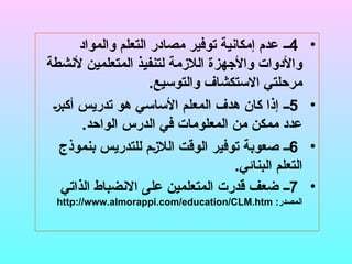 •
4
‫والمواد‬ ‫التعلم‬ ‫مصادر‬ ‫توفير‬ ‫إمكانية‬ ‫عدم‬ ‫ــ‬
‫ألنشطة‬ ‫المتعلمين‬ ‫لتنفيذ‬ ‫الالزمة‬ ‫واألجهزة‬ ‫واألدوات‬
.‫والتوسيع‬ ‫االستكشاف‬ ‫مرحلتي‬
•
5
(‫ر‬‫أكب‬ ‫تدريس‬ ‫هو‬ ‫األساسي‬ ‫المعلم‬ ‫هدف‬ ‫كان‬ ‫إذا‬ ‫ــ‬
.‫الواحد‬ ‫الدرس‬ ‫في‬ ‫المعلومات‬ ‫من‬ ‫ممكن‬ ‫عدد‬
•
6
‫بنموذج‬ ‫للتدريس‬ ‫(م‬‫ز‬‫الال‬ ‫الوقت‬ ‫توفير‬ ‫صعوبة‬ ‫ــ‬
.‫البنائي‬ ‫التعلم‬
•
7
‫الذاتي‬ ‫االنضباط‬ ‫على‬ ‫المتعلمين‬ ‫قدرت‬ ‫ضعف‬ ‫ــ‬
‫المصدر‬
:
http://www.almorappi.com/education/CLM.htm
 