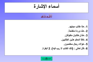 ‫اإلشارة‬ ‫أسماء‬
1
.‫مجتهد‬ ‫طالب‬ ‫هذا‬ ‫ـ‬
2
.‫متفتحة‬ ‫وردة‬ ‫هذه‬ ‫ـ‬
3
.‫متفوقان‬ ‫طالبان‬ ‫هذان‬ ‫ـ‬
4
.‫الطالبين‬ ‫هذين‬ ‫المعلم‬ ‫كافأ‬ ‫ـ‬
5
.‫مخلصون‬ ‫رجال‬ ‫هؤالء‬ ‫ـ‬
6
.}‫فيه‬ ‫ريب‬ ‫ال‬ ‫الكتاب‬ ‫{ذلك‬ : ‫تعالى‬ ‫قال‬ ‫ـ‬
2
.‫البقرة‬
‫الرئيسة‬ ‫القائمة‬
 