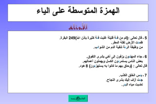 ‫الياء‬ ‫على‬ ‫المتوسطة‬ ‫الهمزة‬
5
‫ف‬ ‫من‬ ‫{كم‬: ‫تعالى‬ ‫قال‬ ‫ـ‬
‫ئ‬
‫ف‬ ‫غلبت‬ ‫قليلة‬ ‫ة‬
‫ئ‬
}‫اهلل‬ ‫بإذن‬ ‫كثيرة‬ ‫ة‬
249
.‫البقرة‬
‫ظم‬
‫ئ‬
.‫المطر‬ ‫لقلة‬ ‫األرض‬ ‫ت‬
‫الر‬ ‫وظيفة‬ ‫من‬
‫ئ‬
‫الشوا‬ ‫من‬ ‫الدم‬ ‫تنقية‬ ‫ة‬
‫ئ‬
.‫ب‬
6
‫المهن‬ ‫جاء‬ ‫ـ‬
‫ئ‬
.‫التفوق‬ ‫بشرى‬ ‫أخي‬ ‫إلى‬ ‫يزفون‬ ‫ون‬
‫يستمر‬ ‫الناس‬ ‫بعض‬
‫ئ‬
.‫أعمالهم‬ ‫ويهملون‬ ‫الكسل‬ ‫ون‬
‫يستهز‬ ‫به‬ ‫كانوا‬ ‫ما‬ ‫بهم‬ ‫{وحاق‬ : ‫تعالى‬ ‫قال‬
‫ئ‬
}‫ون‬
8
.‫هود‬
7
‫ب‬ ‫ـ‬
‫ئ‬
.‫الكذب‬ ‫الخلق‬ ‫س‬
‫ج‬
‫ئ‬
.‫النجاح‬ ‫بشرى‬ ‫إليك‬ ‫أزف‬ ‫ت‬
‫الب‬ ‫مياه‬ ‫نضبت‬
‫ئ‬
.‫ر‬
‫الرئيسة‬ ‫القائمة‬
 